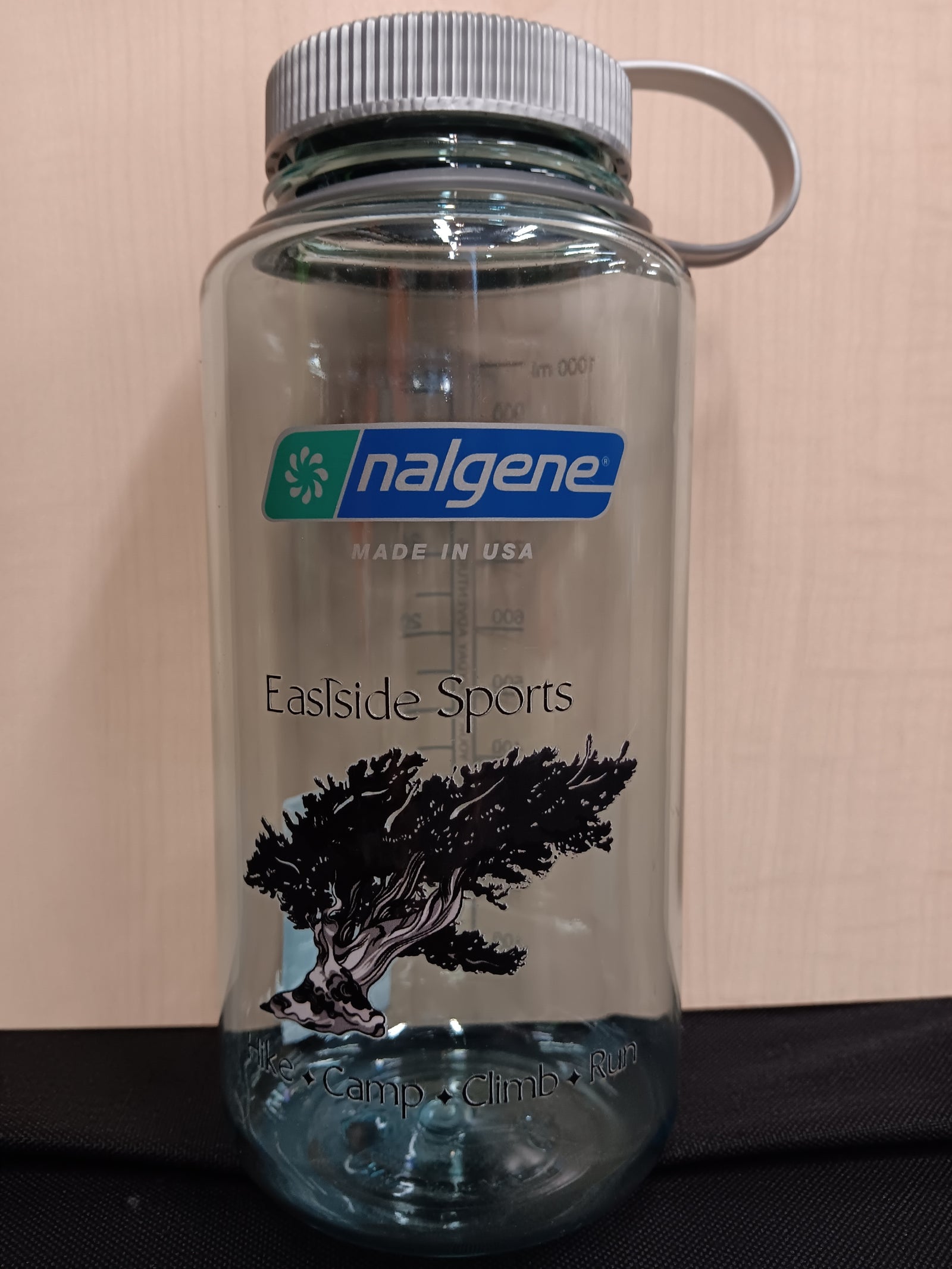 A clear Nalgene water bottle with a silver screw cap and loop handle, featuring a blue and green Nalgene logo and a black tree graphic, photographed against a beige wall and dark surface.
