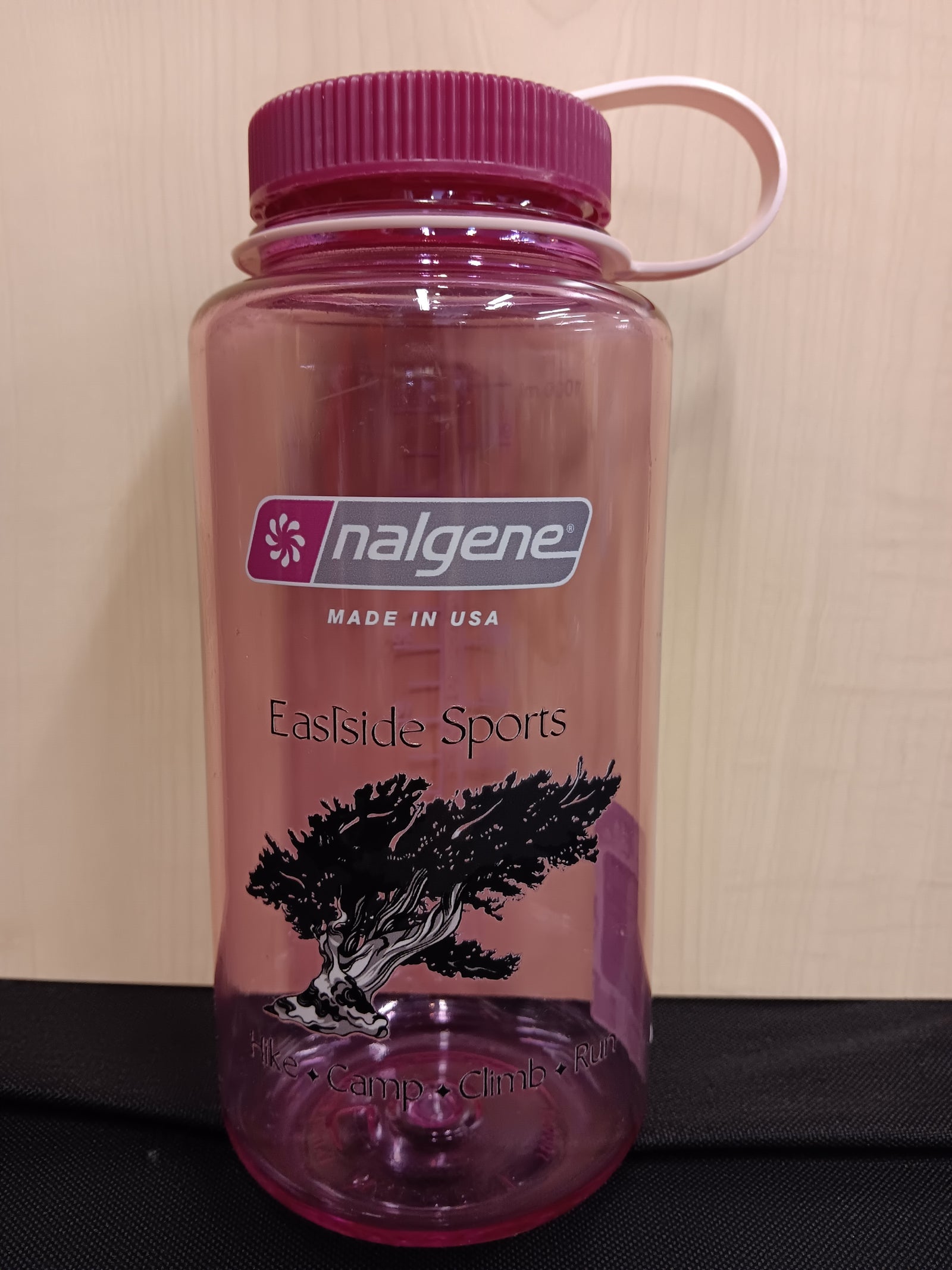 A translucent pink Nalgene water bottle with a matching pink ribbed cap and white loop handle, featuring a black tree graphic and 'Eastside Sports' text on the front.