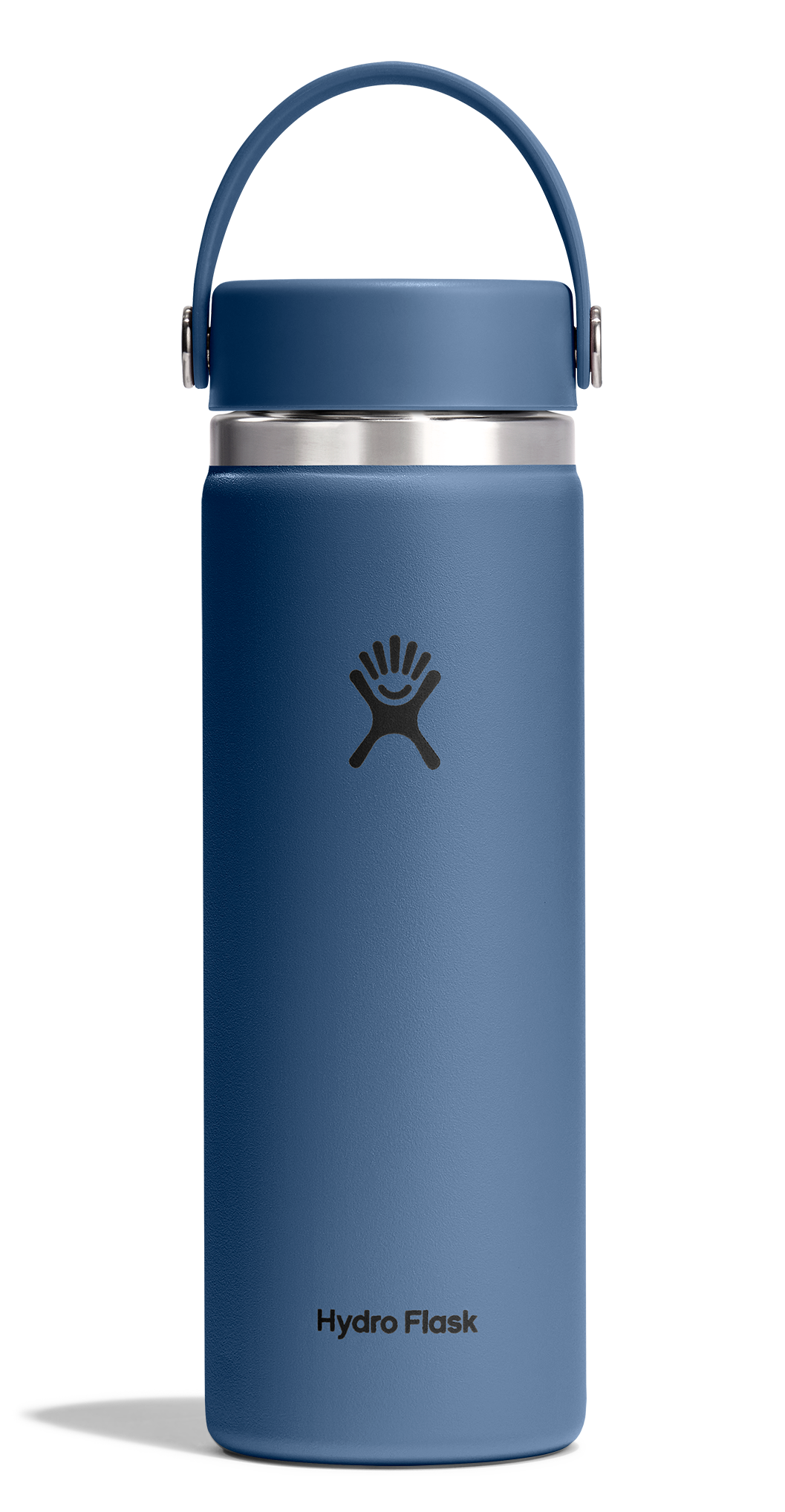 A blue Hydro Flask vacuum-insulated water bottle with a matching blue lid and carrying loop, shown on a clean white background.