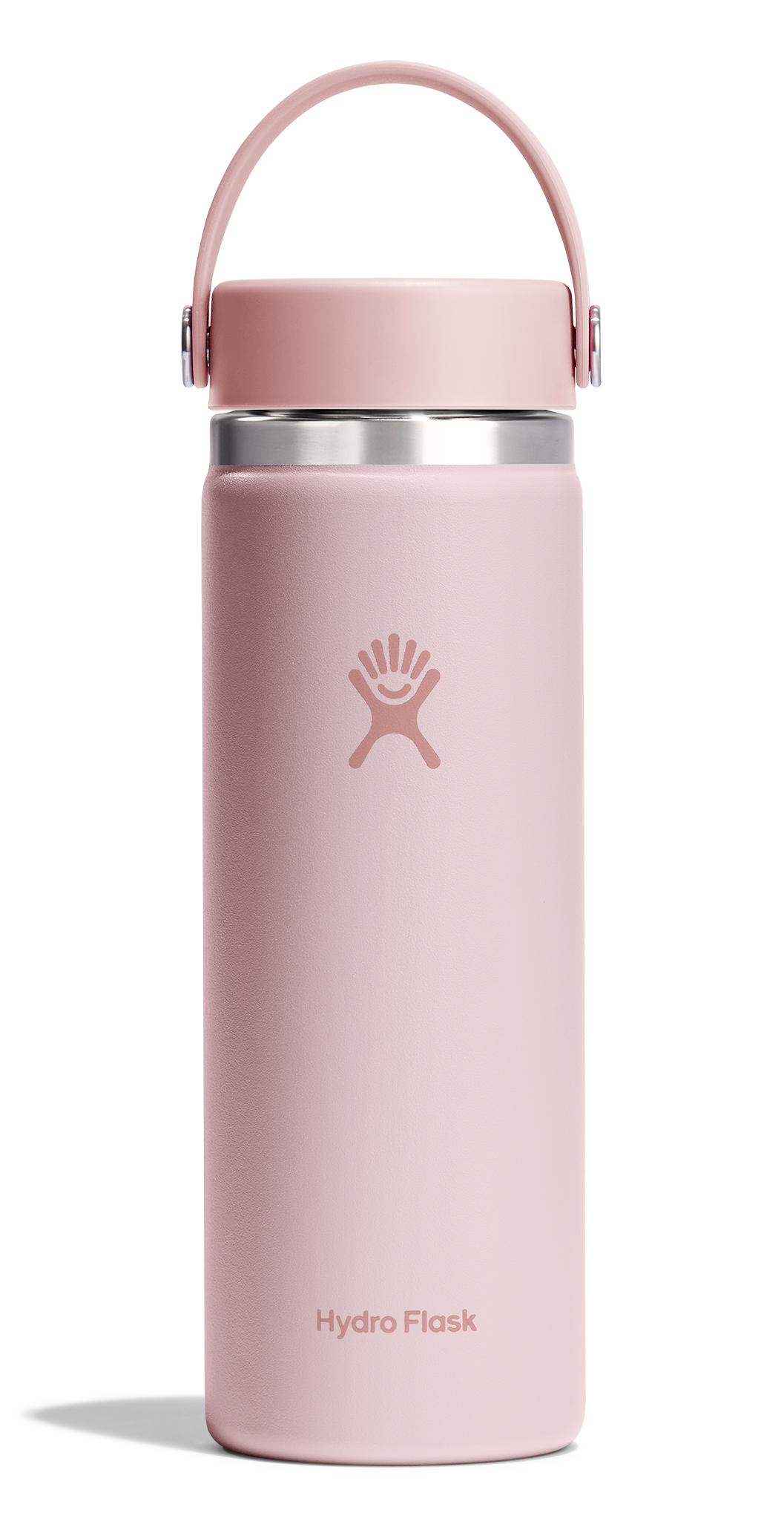 A light pink Hydro Flask insulated water bottle with a matching pink lid and carry loop, featuring the Hydro Flask logo on the front, set against a plain white background.