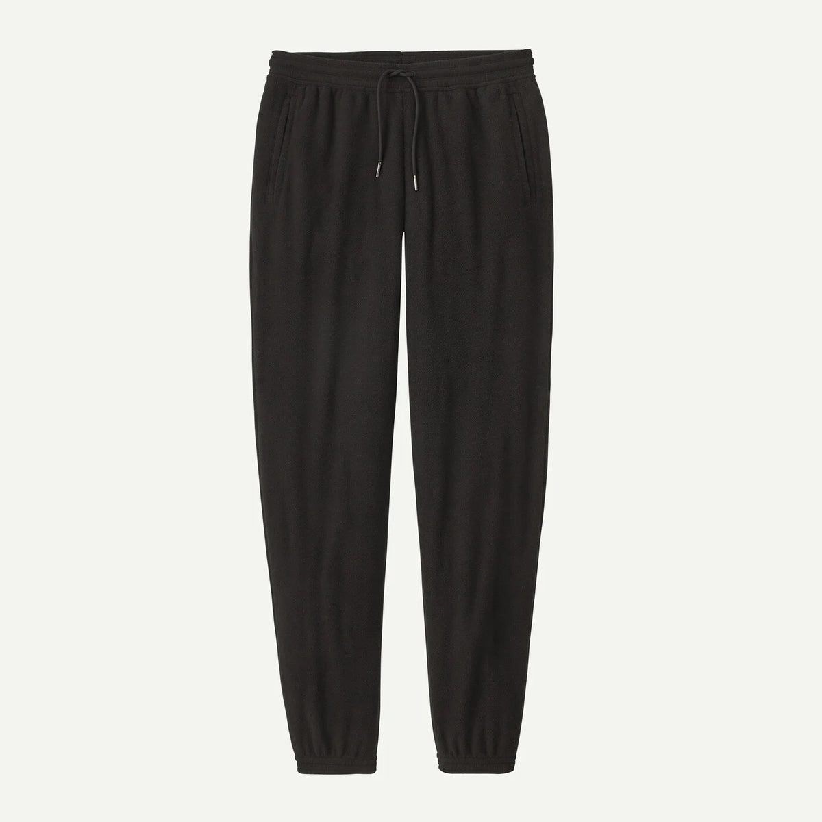 Black jogger pants with an elastic drawstring waist and tapered legs, shown flat against a light off-white background.