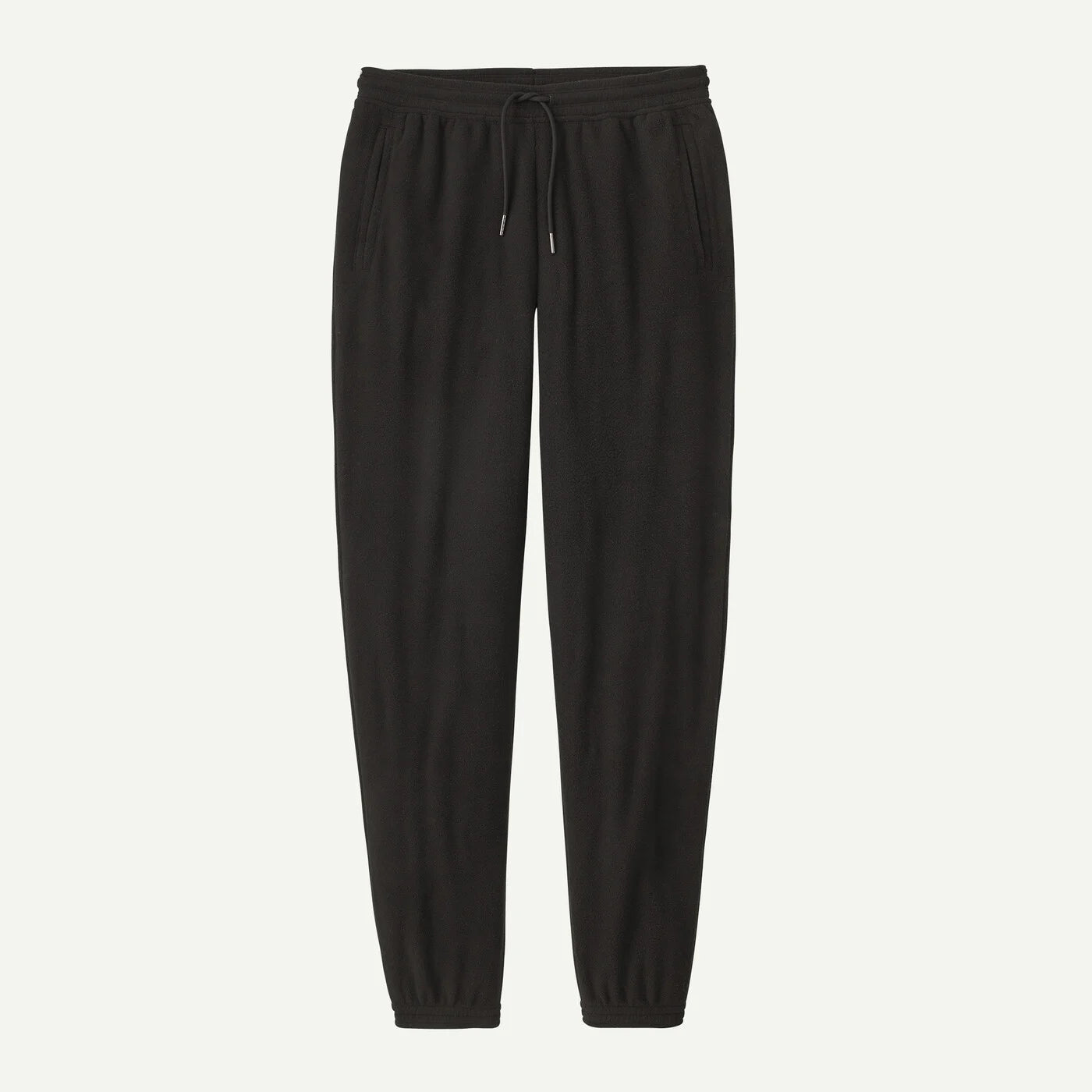 Black jogger pants with an elastic drawstring waist and tapered legs, shown flat against a light off-white background.