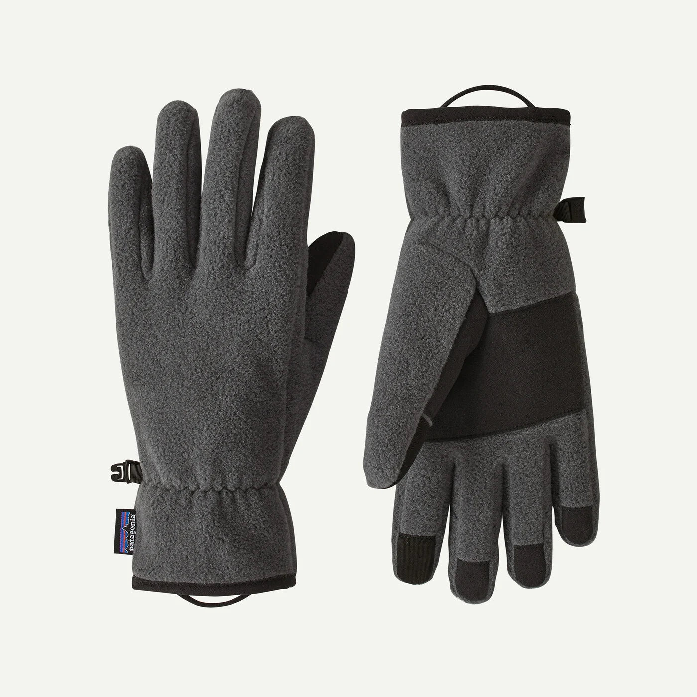 Pair of gray gloves with black accents on a white background