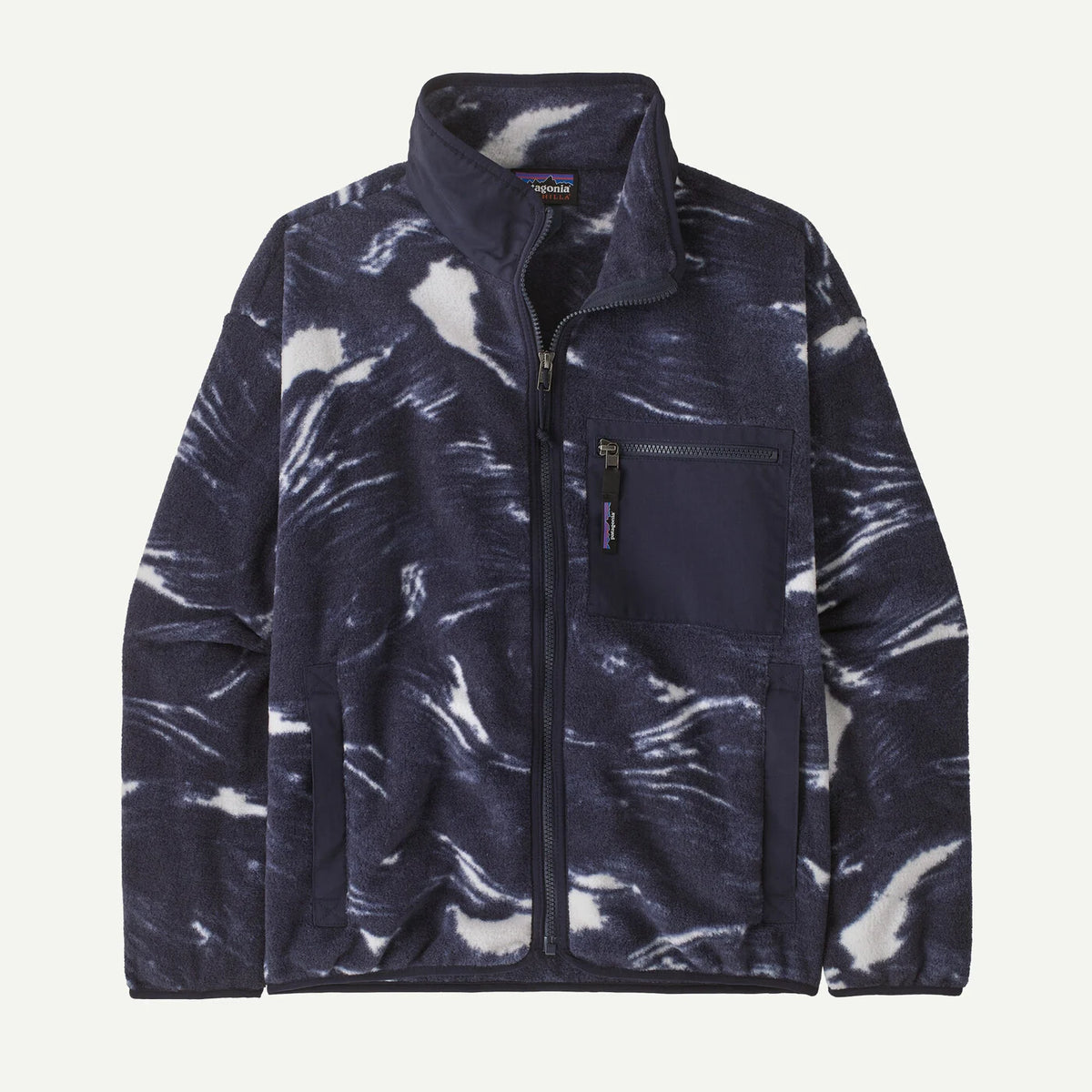 Navy and white patterned jacket on a white background
