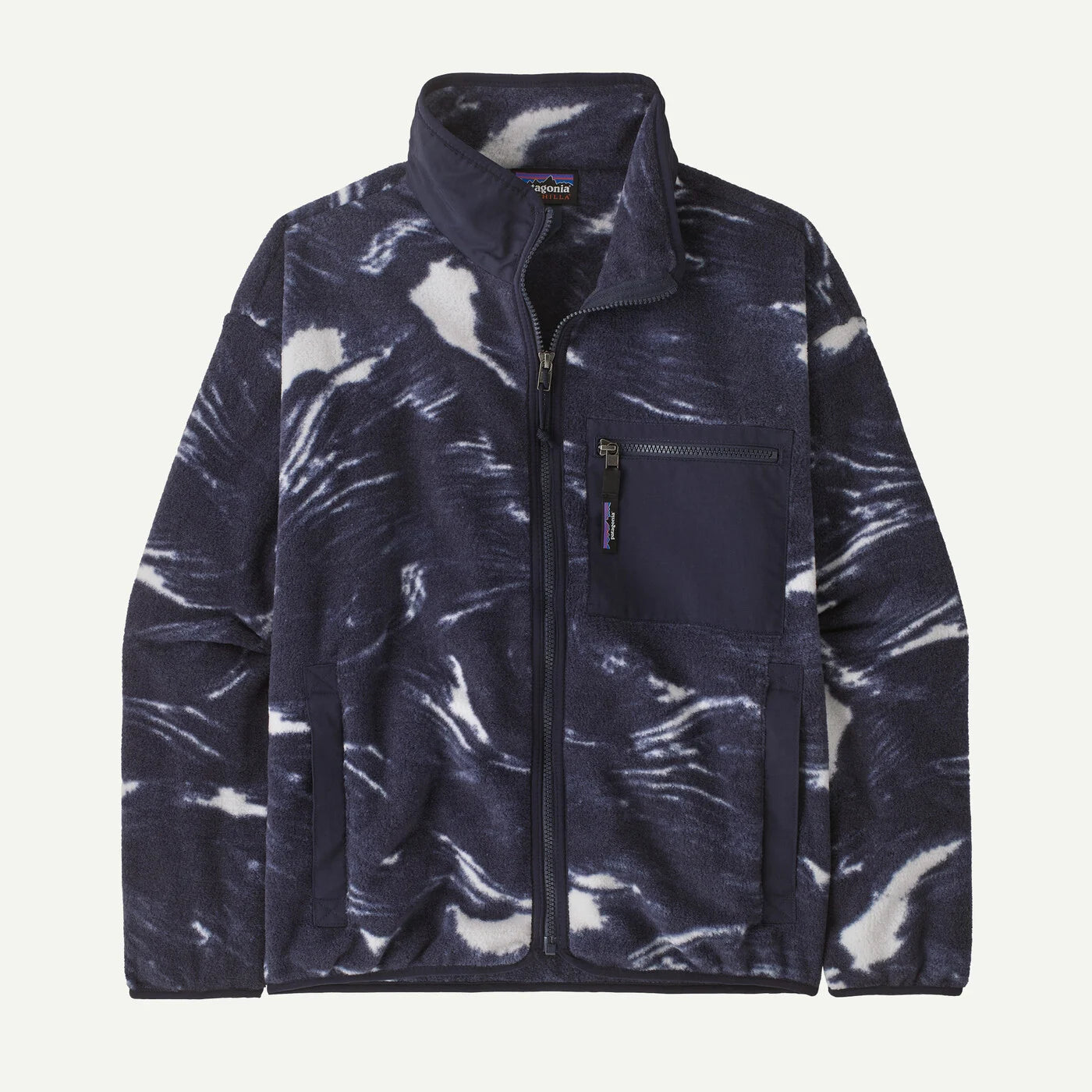 Navy and white patterned jacket on a white background