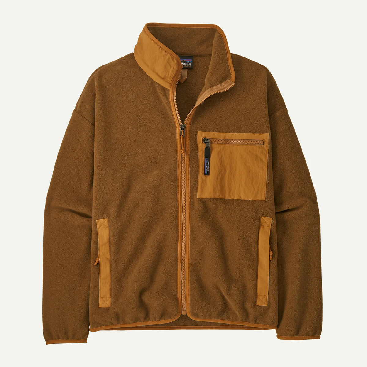A brown fleece jacket with contrasting mustard yellow accents on the collar, chest pocket, and zippered hand pockets, shown against a light gray background.