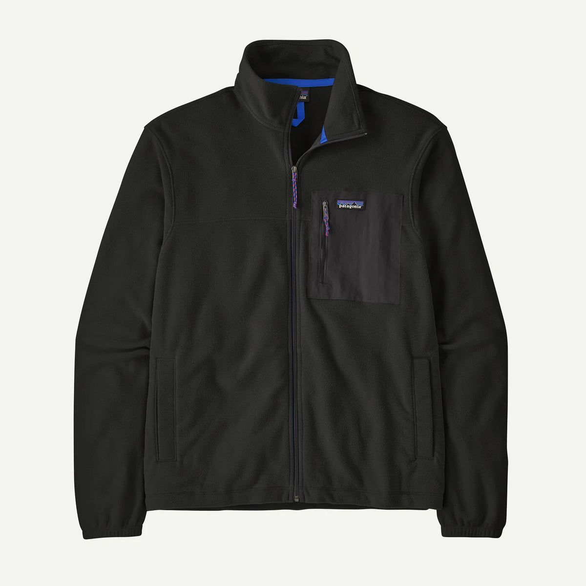 A black Patagonia full-zip fleece jacket with a stand-up collar, a chest pocket featuring a small Patagonia logo, and a blue inner collar lining, shown against a light off-white background.