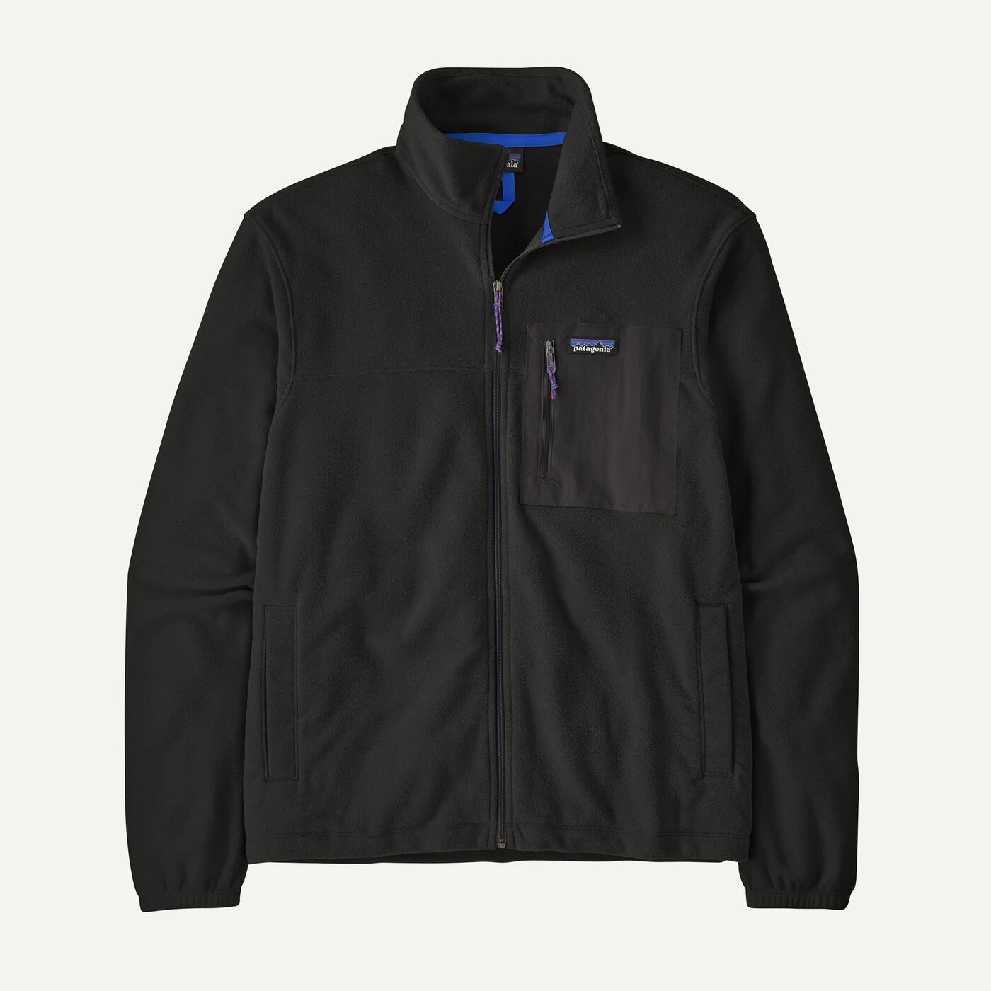 A black Patagonia full-zip fleece jacket with a stand-up collar, a chest pocket featuring a small Patagonia logo, and a blue inner collar lining, shown against a light off-white background.