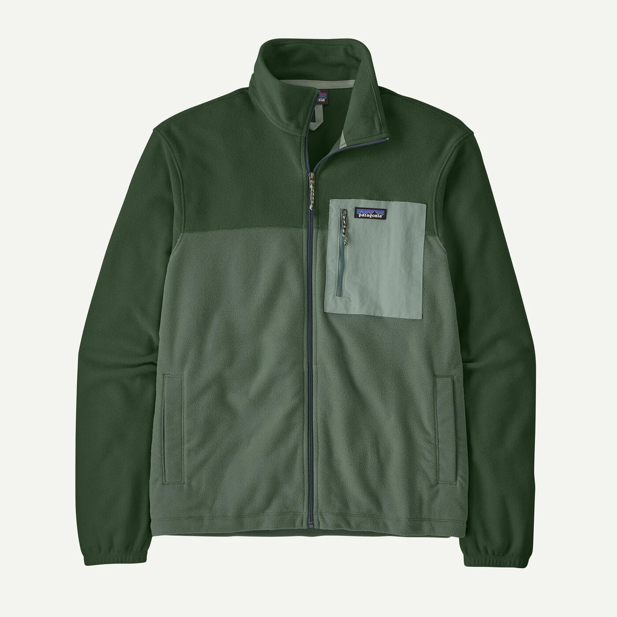 Green fleece jacket with a pocket on a white background