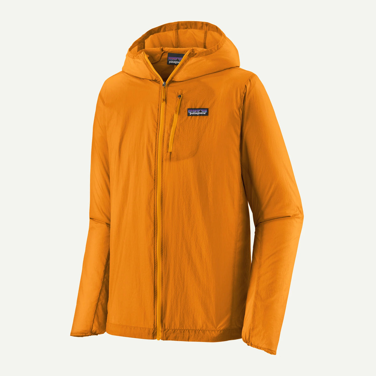 An orange Patagonia hooded jacket with a full-zip front and the brand's logo patch on the left chest, shown against a light off-white background.