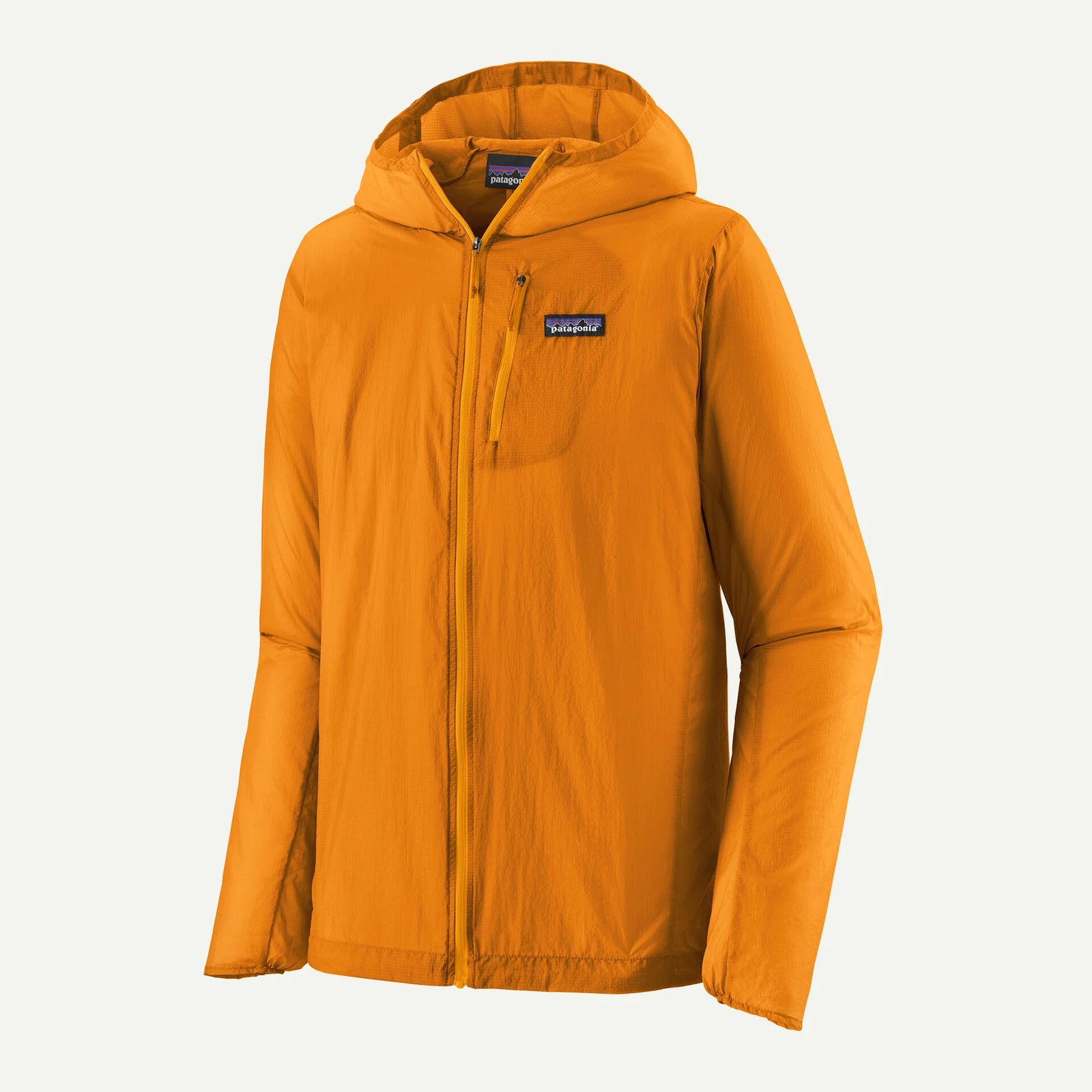 An orange Patagonia hooded jacket with a full-zip front and the brand's logo patch on the left chest, shown against a light off-white background.