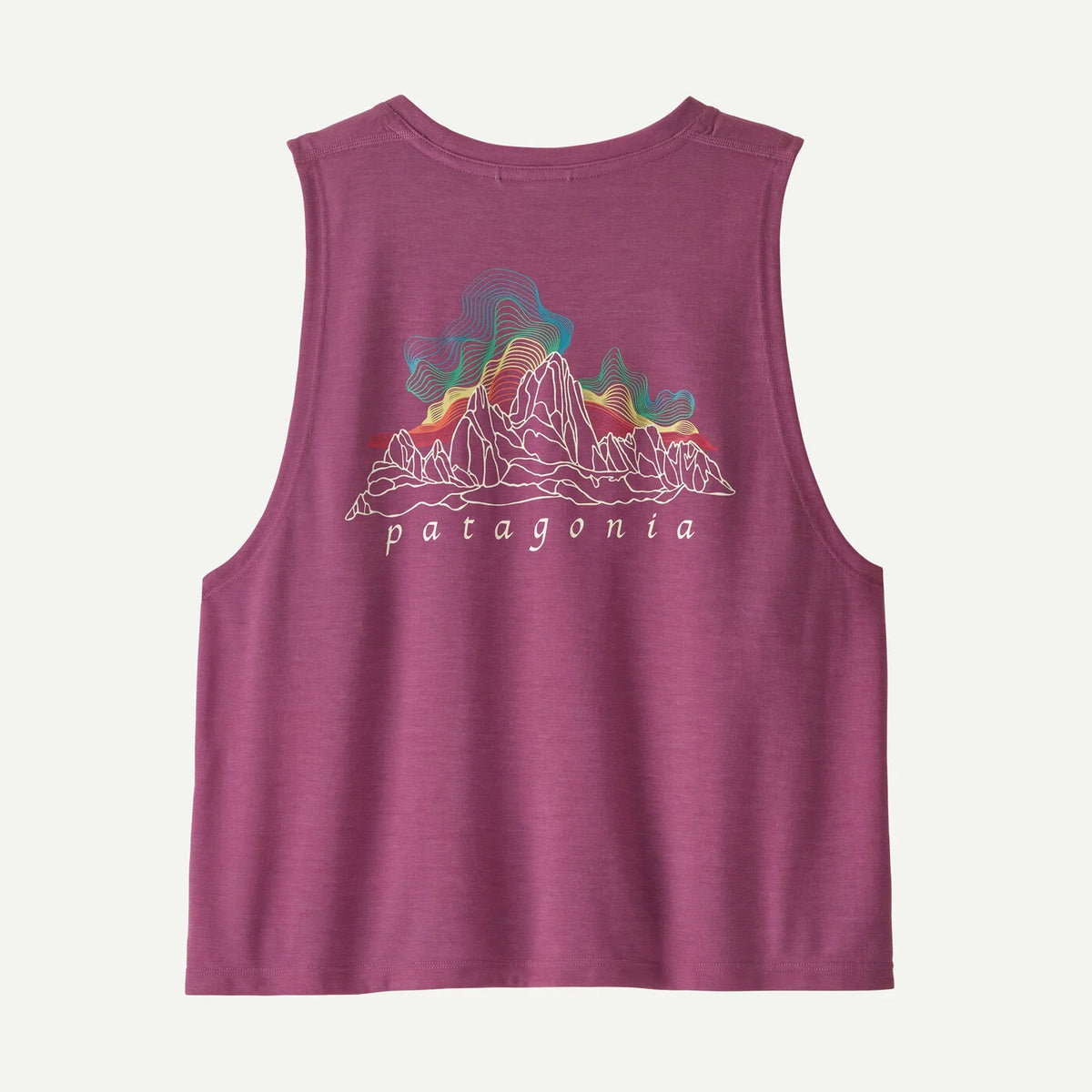 Purple tank top with mountain design and 'Patagonia' logo on a white background - back