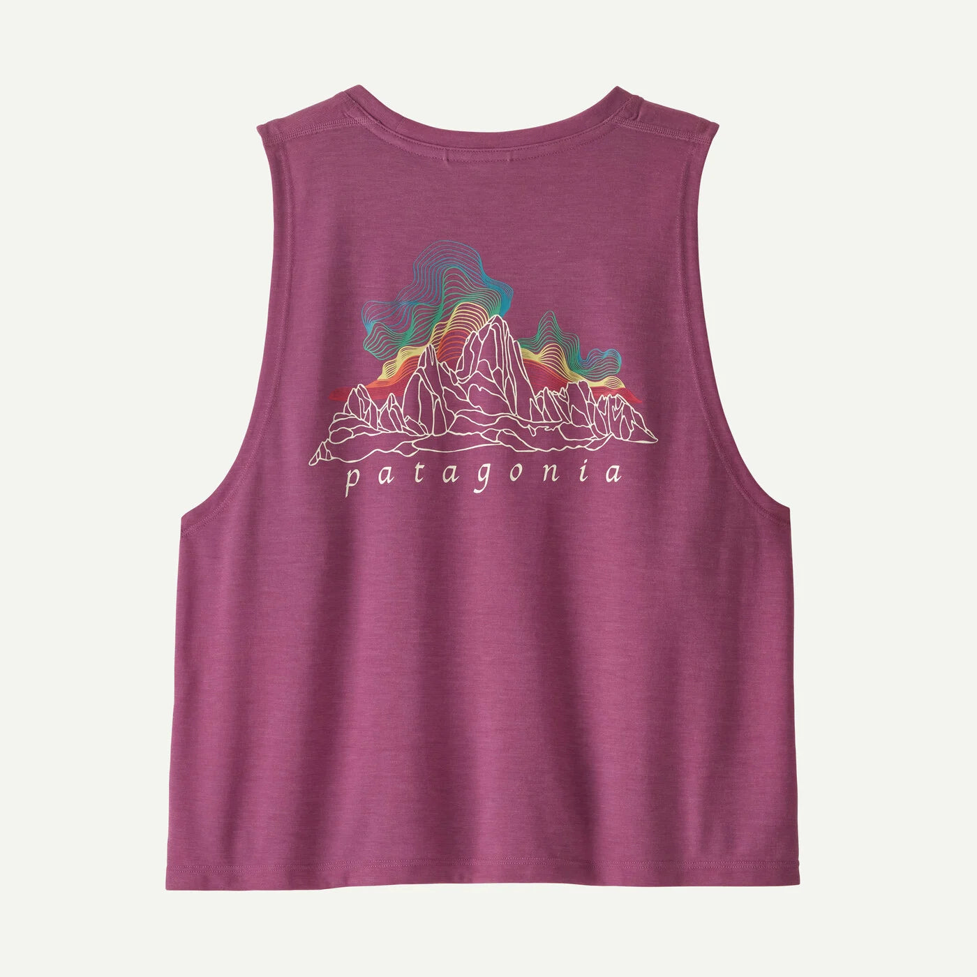 Purple tank top with mountain design and 'Patagonia' logo on a white background - back