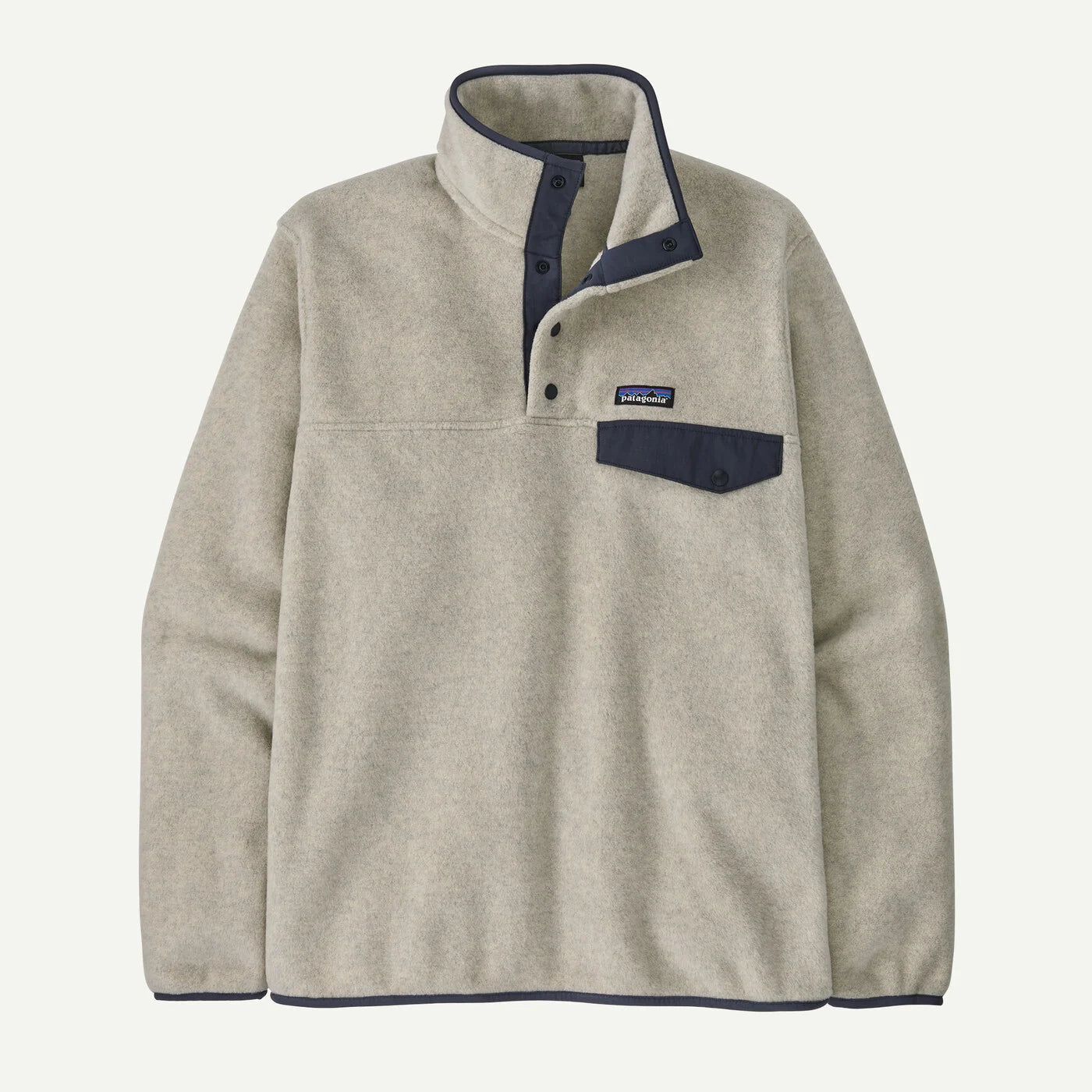 A beige fleece pullover sweater with navy blue trim on the collar, placket, pocket, and cuffs, featuring a small Patagonia logo on the chest pocket.