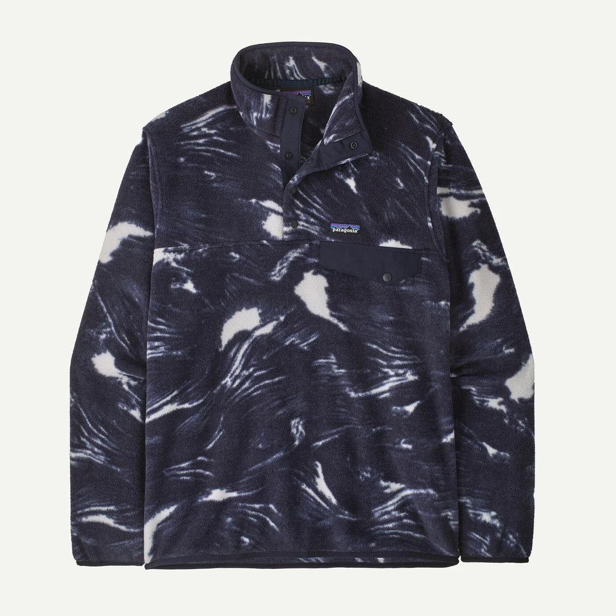 A Patagonia fleece pullover in a dark navy blue and white marbled pattern, featuring a stand collar, partial button placket, and a chest pocket with a small Patagonia logo.