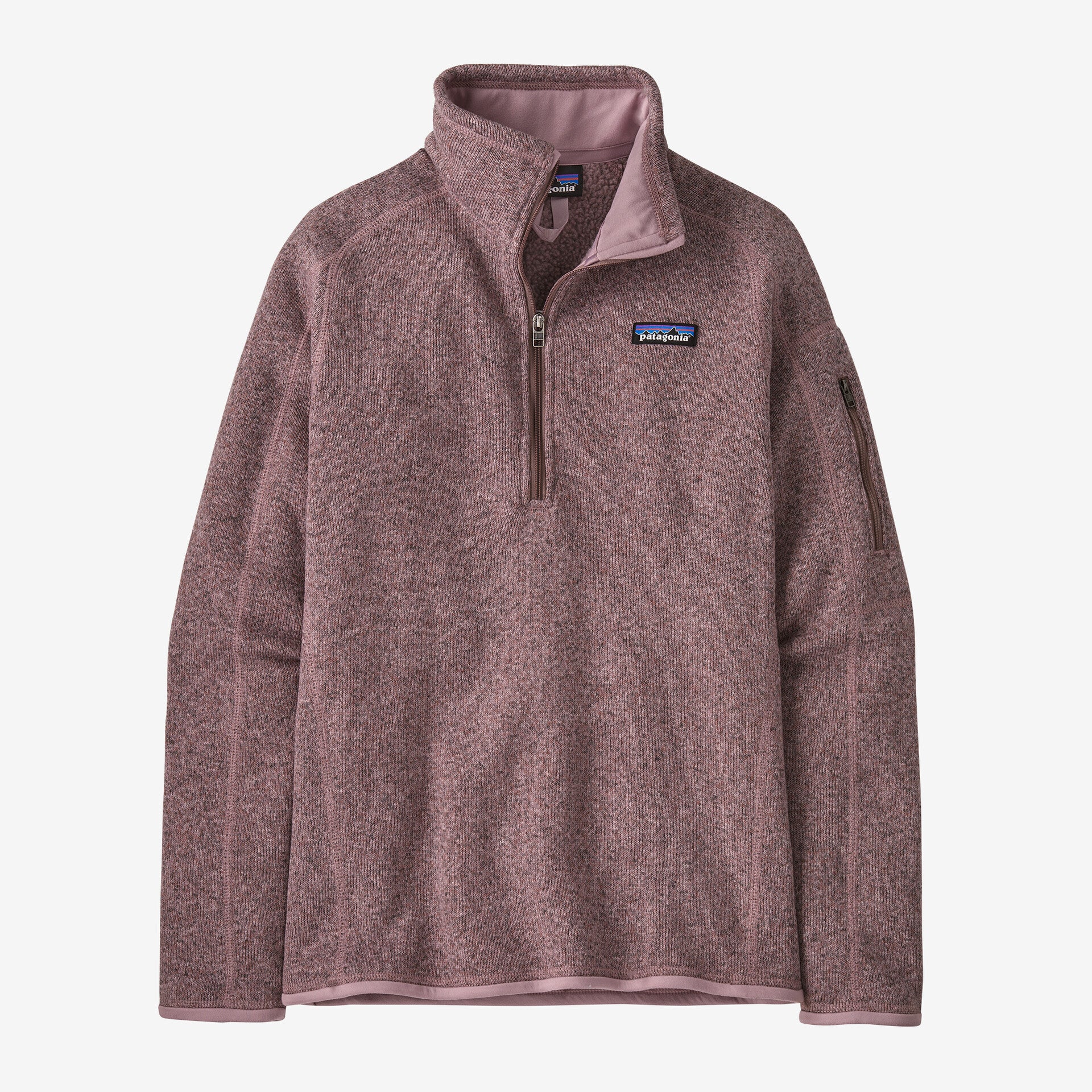 front view of the patagonia womens better sweater quarter zip fleece in the color stormy mauve