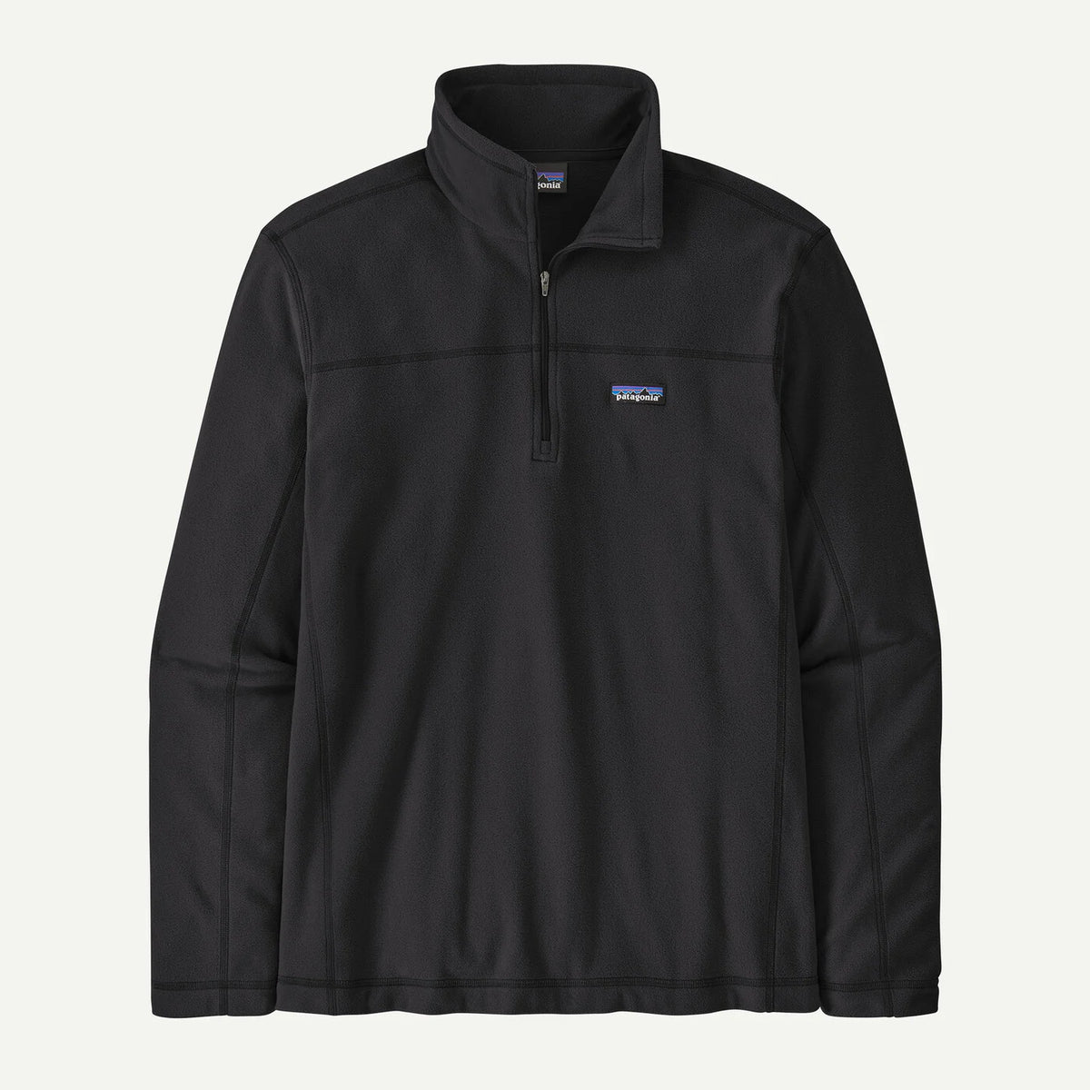 A black Patagonia quarter-zip pullover fleece with a stand-up collar and the brand's logo on the left chest, displayed against a light off-white background.