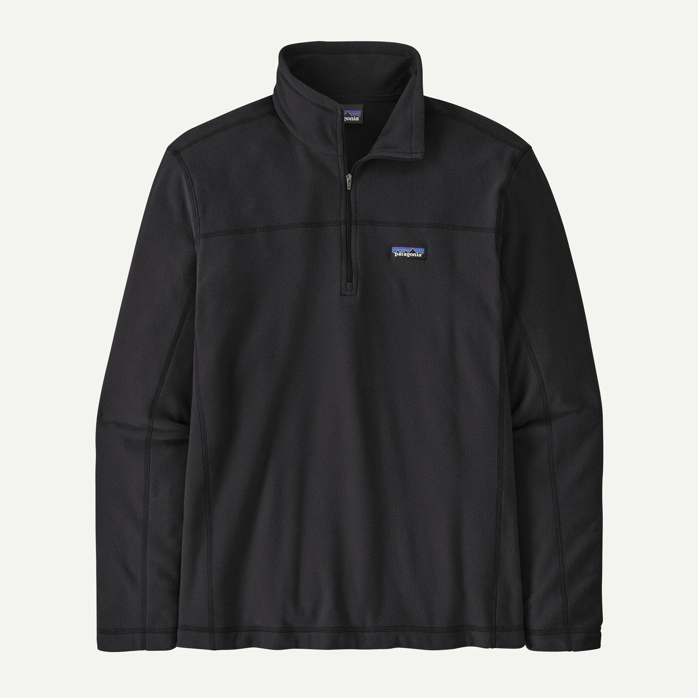 A black Patagonia quarter-zip pullover fleece with a stand-up collar and the brand's logo on the left chest, displayed against a light off-white background.