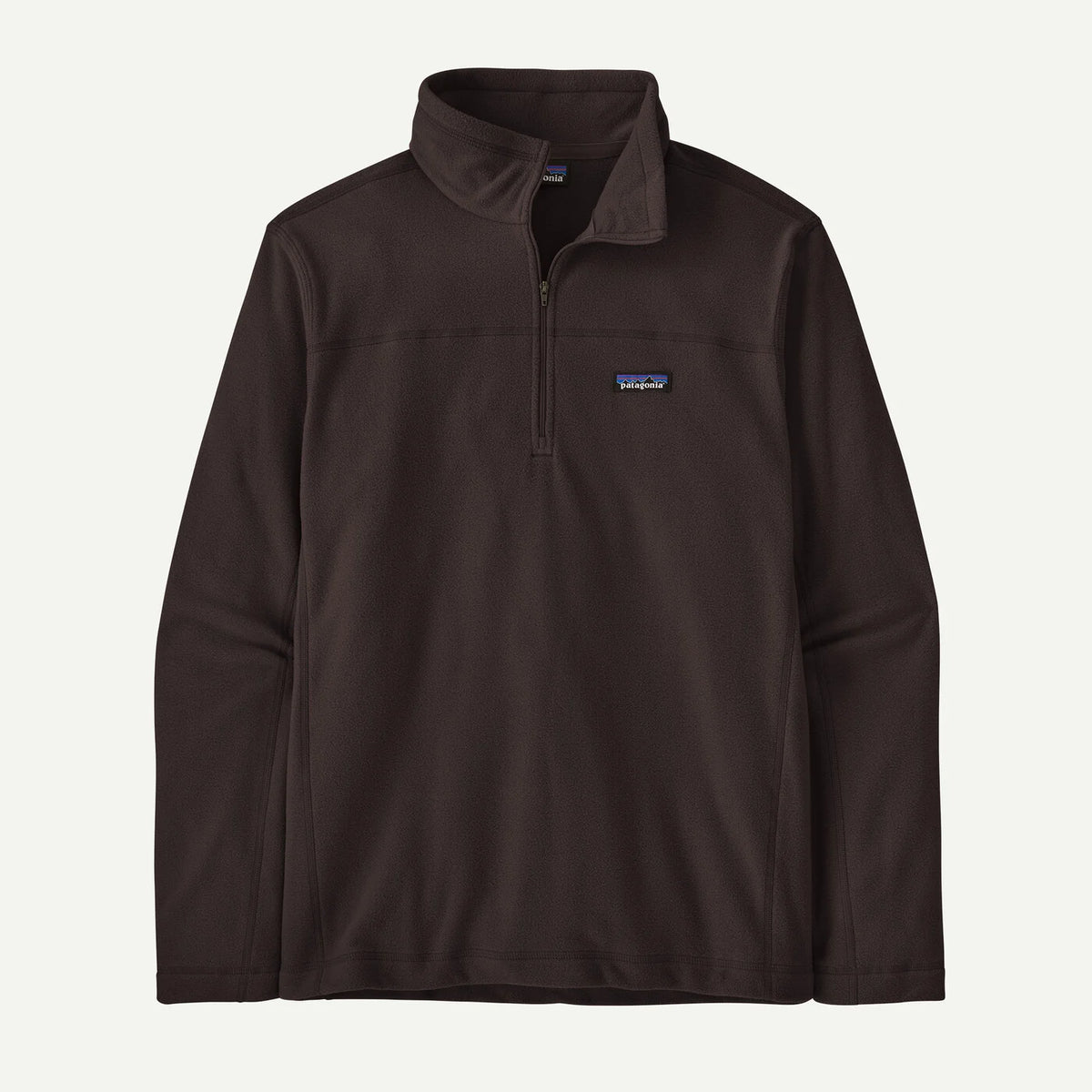 A dark brown Patagonia quarter-zip pullover fleece with a stand-up collar and the brand's logo on the left chest, displayed against a light off-white background.