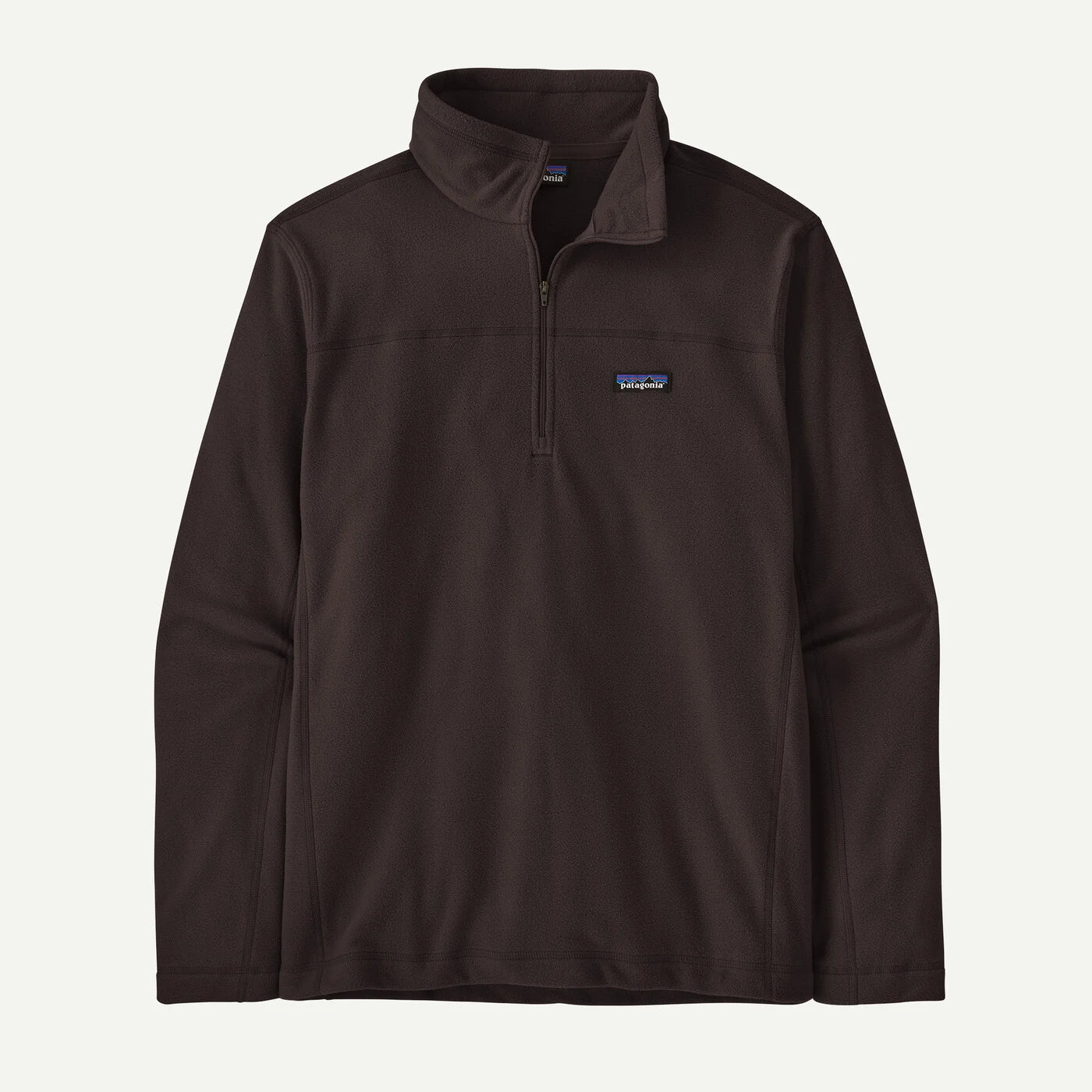 A dark brown Patagonia quarter-zip pullover fleece with a stand-up collar and the brand's logo on the left chest, displayed against a light off-white background.