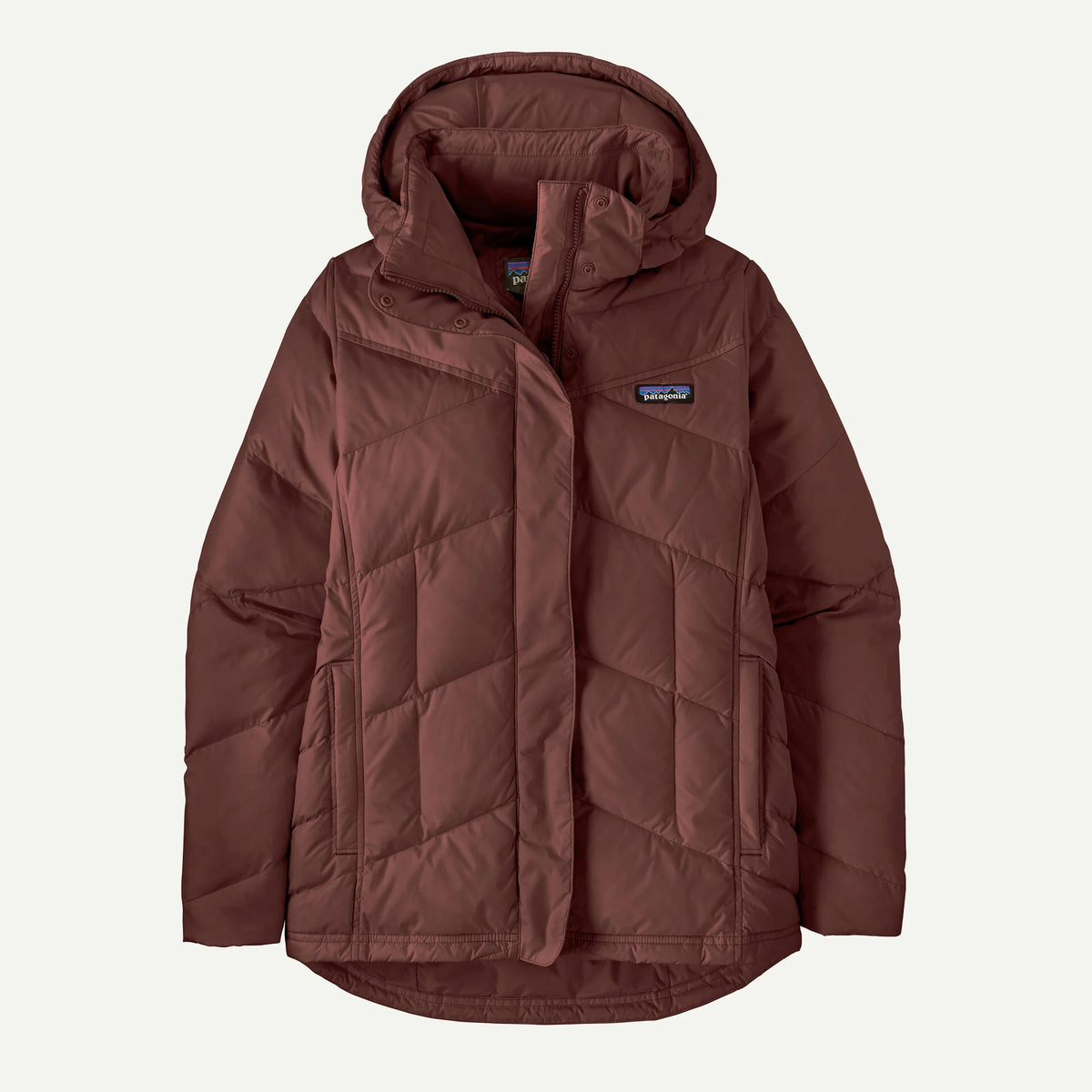 patagonia womens down with it jacket in the color dark ruby, front view