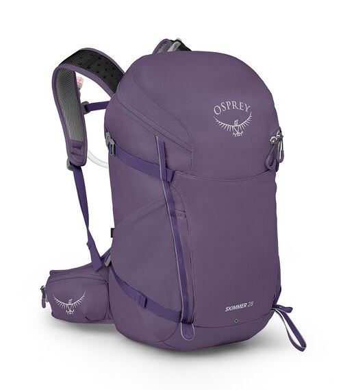 a photo of the osprey skimmer 28 backpack in the color purpurlite purple, front view