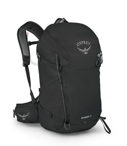 a photo of the osprey skimmer 28 backpack in the color black, front view