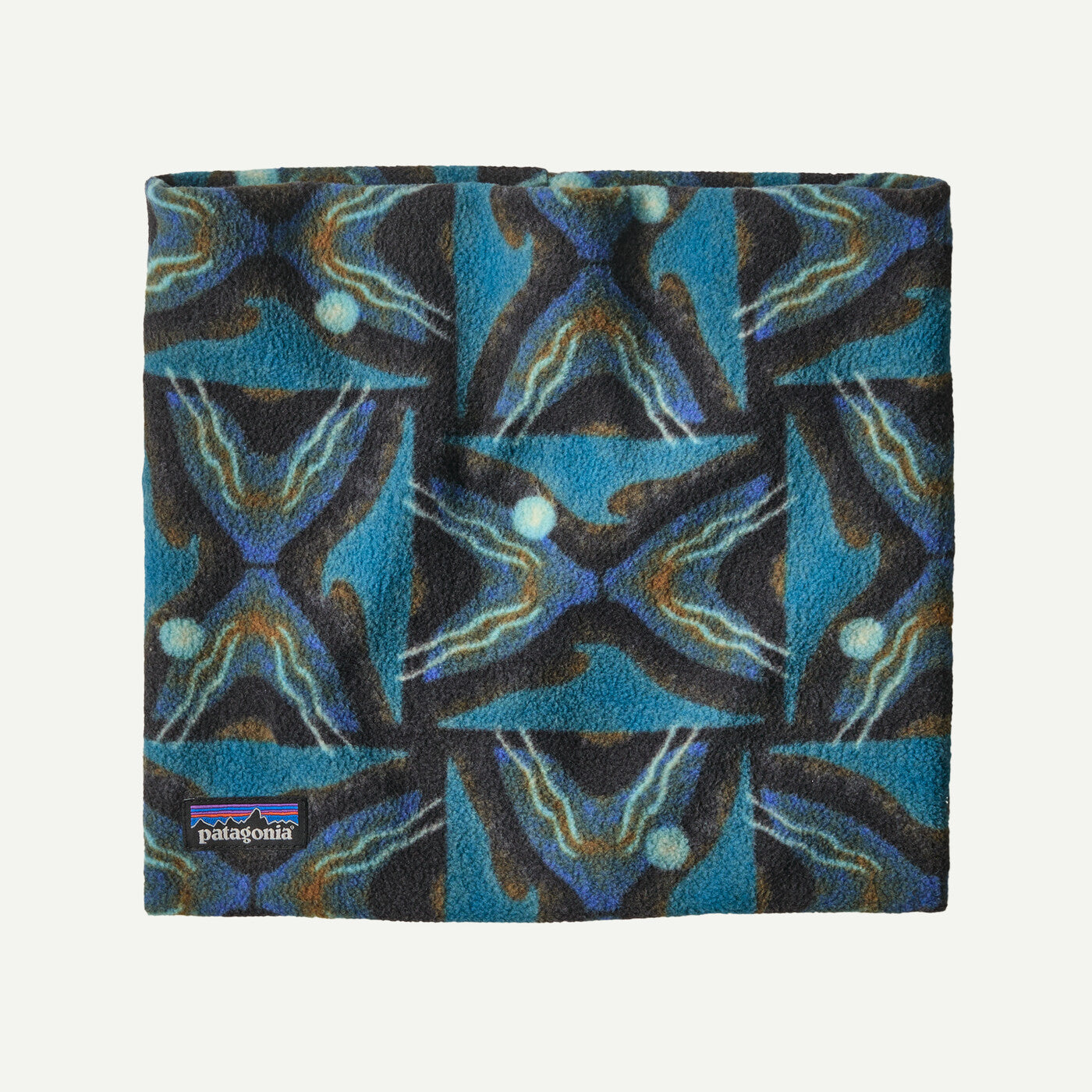 A square fleece neck warmer or balaclava by Patagonia, featuring an abstract geometric pattern in teal blue, black, brown, and cream. The Patagonia logo is visible in the bottom-left corner.