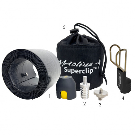 a photo showing all five components of the metolius roll up stick clip kit