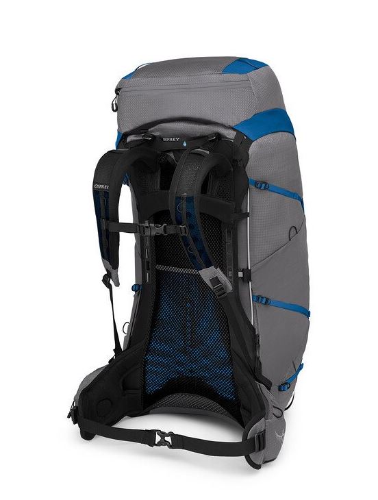 a photo of the osprey exos pro 55 backpack in the color dale grey agam blue, back view