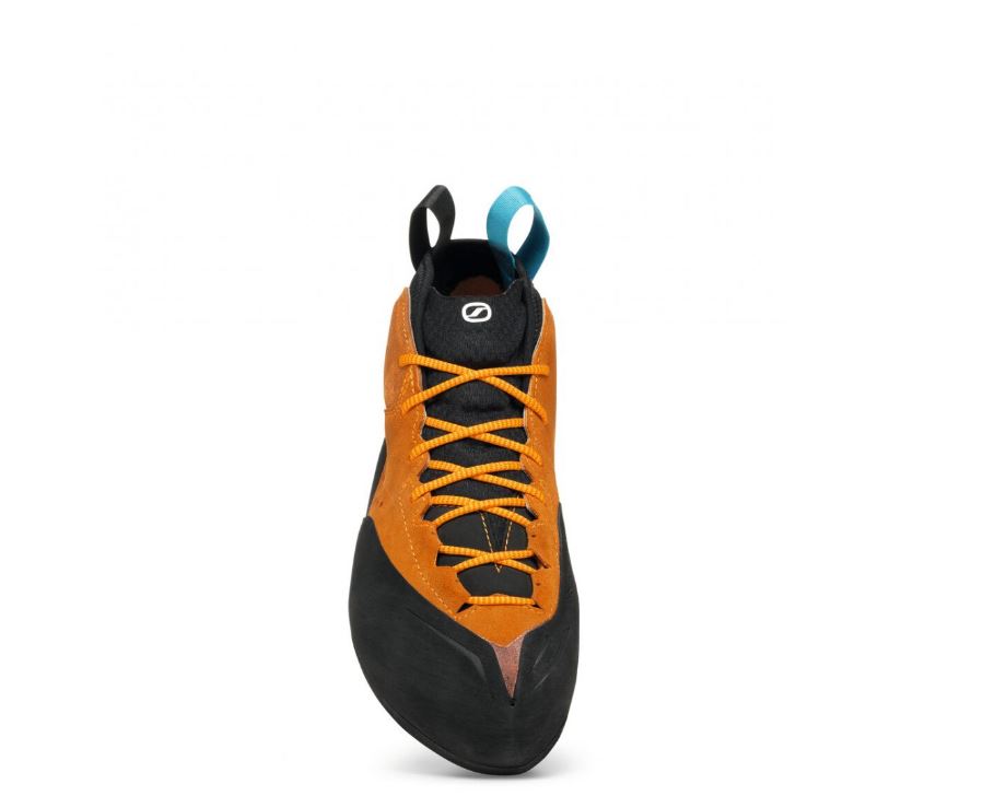 a photo of the scarpa generator mid climbing shoe in the color orange rust, front view