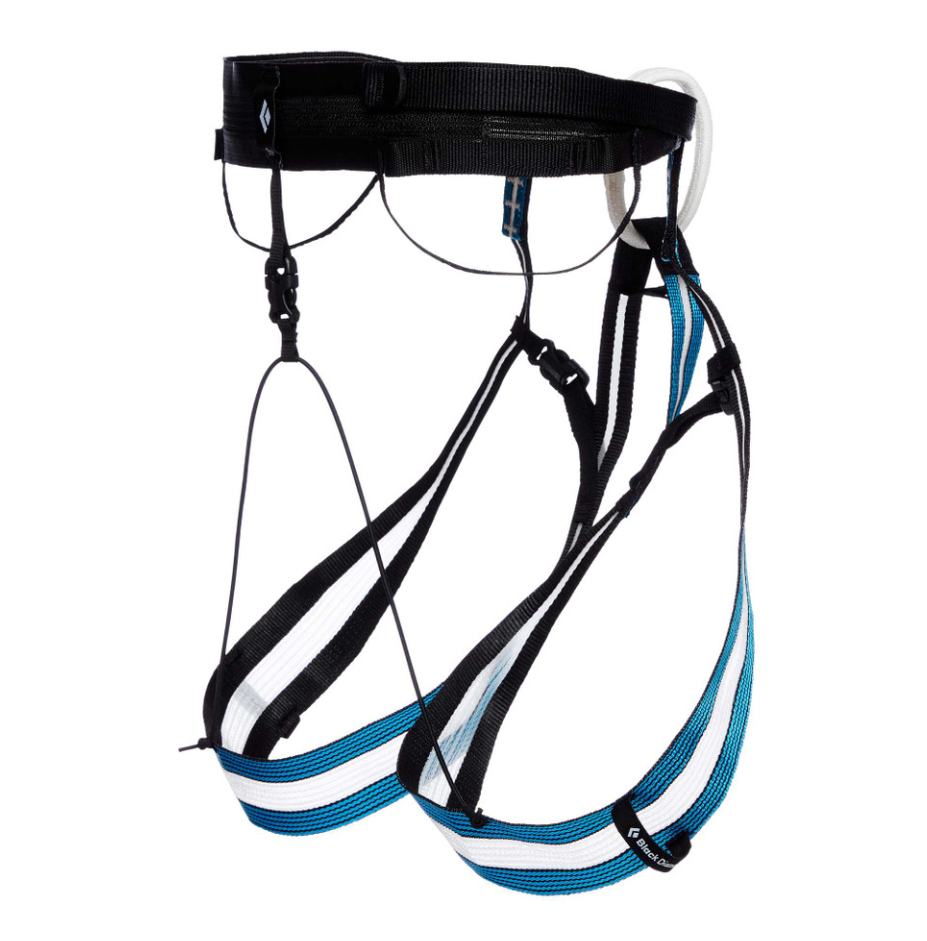 the black diamond coulior harness in the color ultra blue black back view