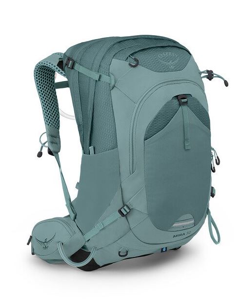a photo of the osprey mira 32 liter pack in the color succulent green, front view