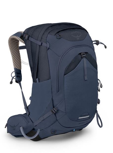 a photo of the osprey mira 32 liter pack in the color anchor blue, front view