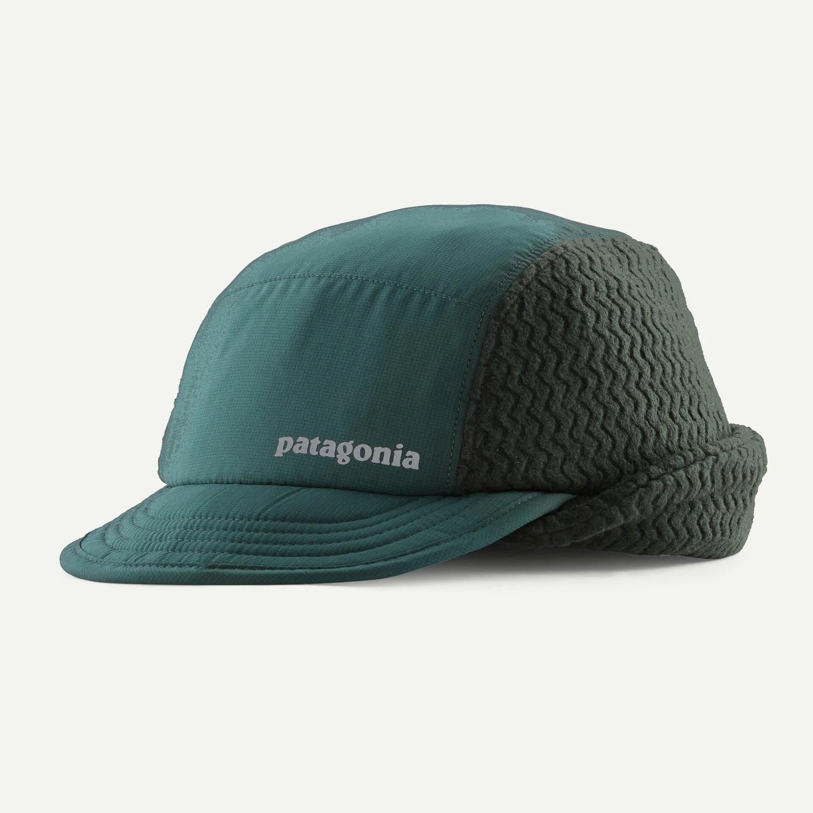 photo of the patagonia winter duckbill running cap in the color old growth green, front view