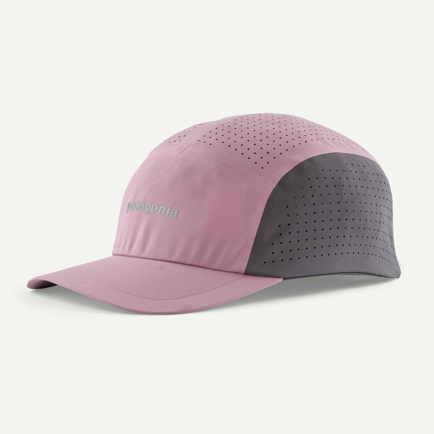Pink and gray cap with 'Patagonia' branding on a light gray background