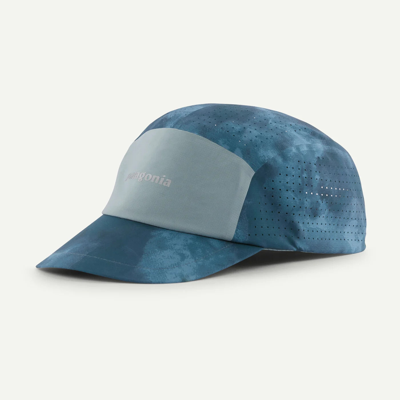 A blue and light gray running cap with a patterned fabric crown, perforated side panels, and a light gray front panel with the Patagonia logo.