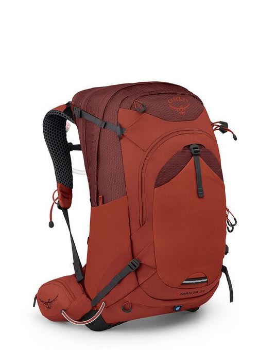 a photo of the osprey manta 34 backpack in the color oak leaf orange, front view