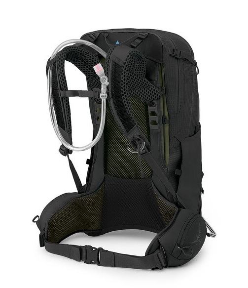 a photo of the osprey manta 34 backpack in the color black, back view