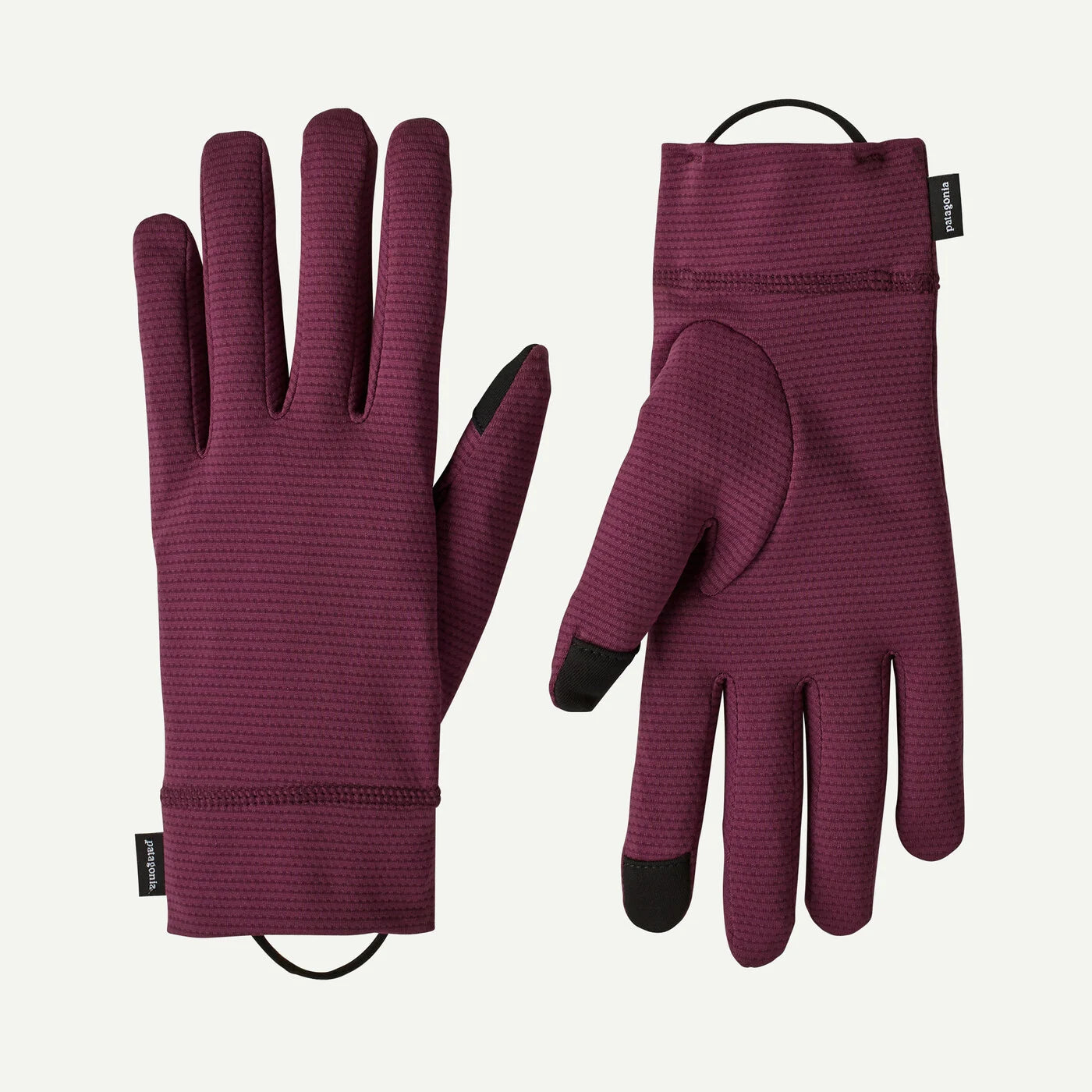A pair of textured, touchscreen-compatible outdoor gloves in a deep burgundy color, shown from both the back and palm views on a light off-white background.