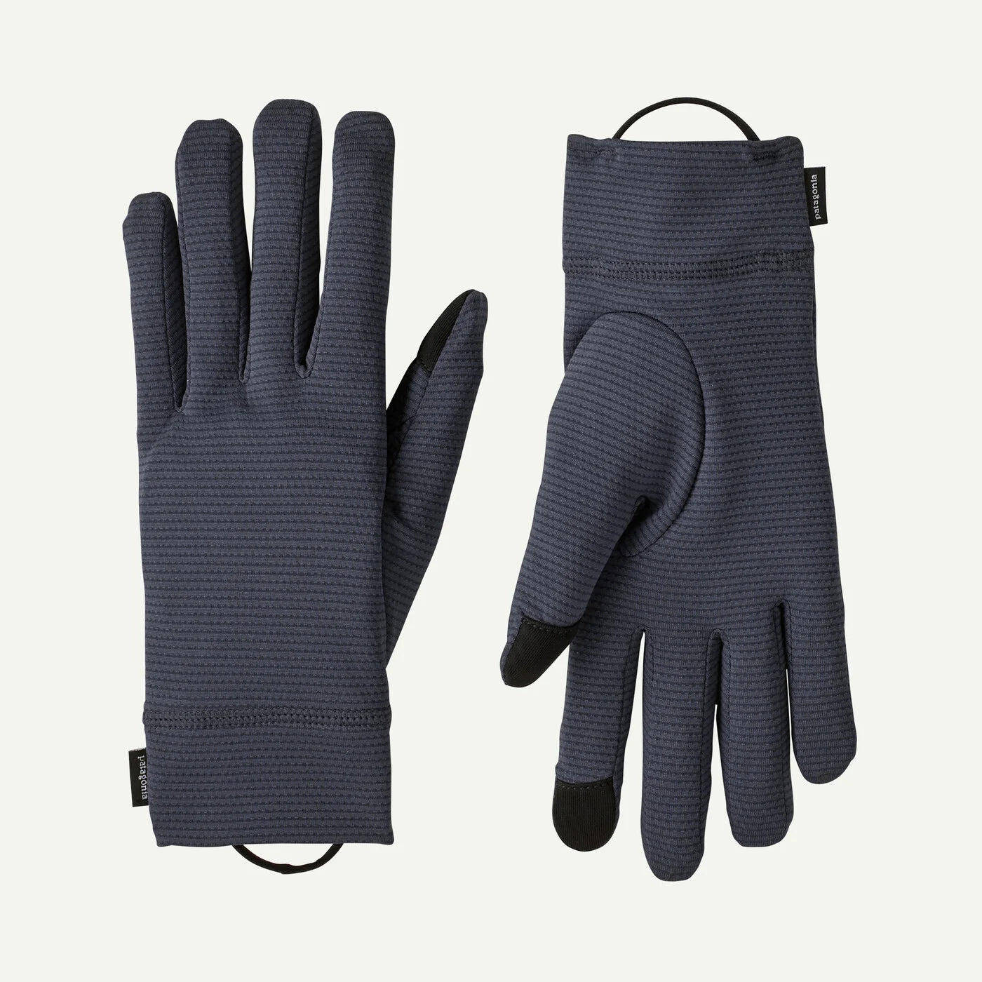 Pair of dark blue-gray gloves with black tips on a white background