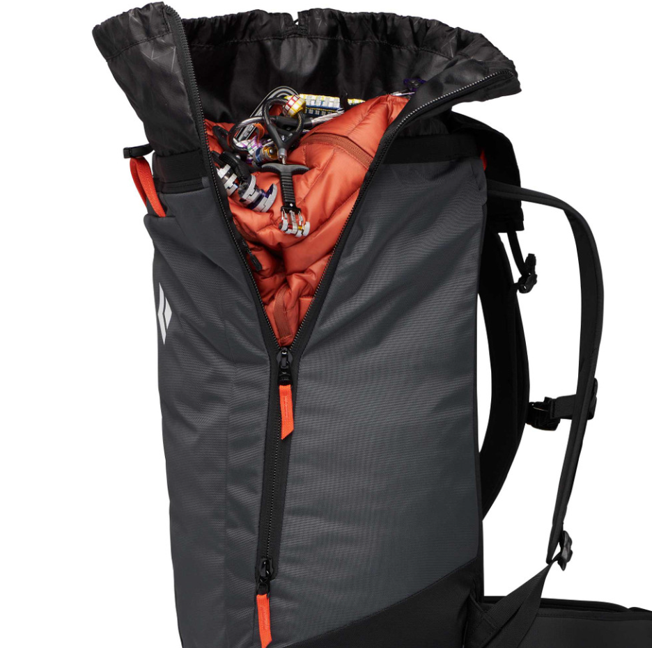 the black diamond crag pack in the color carbon gray depicting the size zipper access