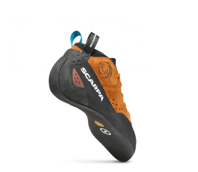 a photo of the scarpa generator mid climbing shoe in the color orange rust, view from back right