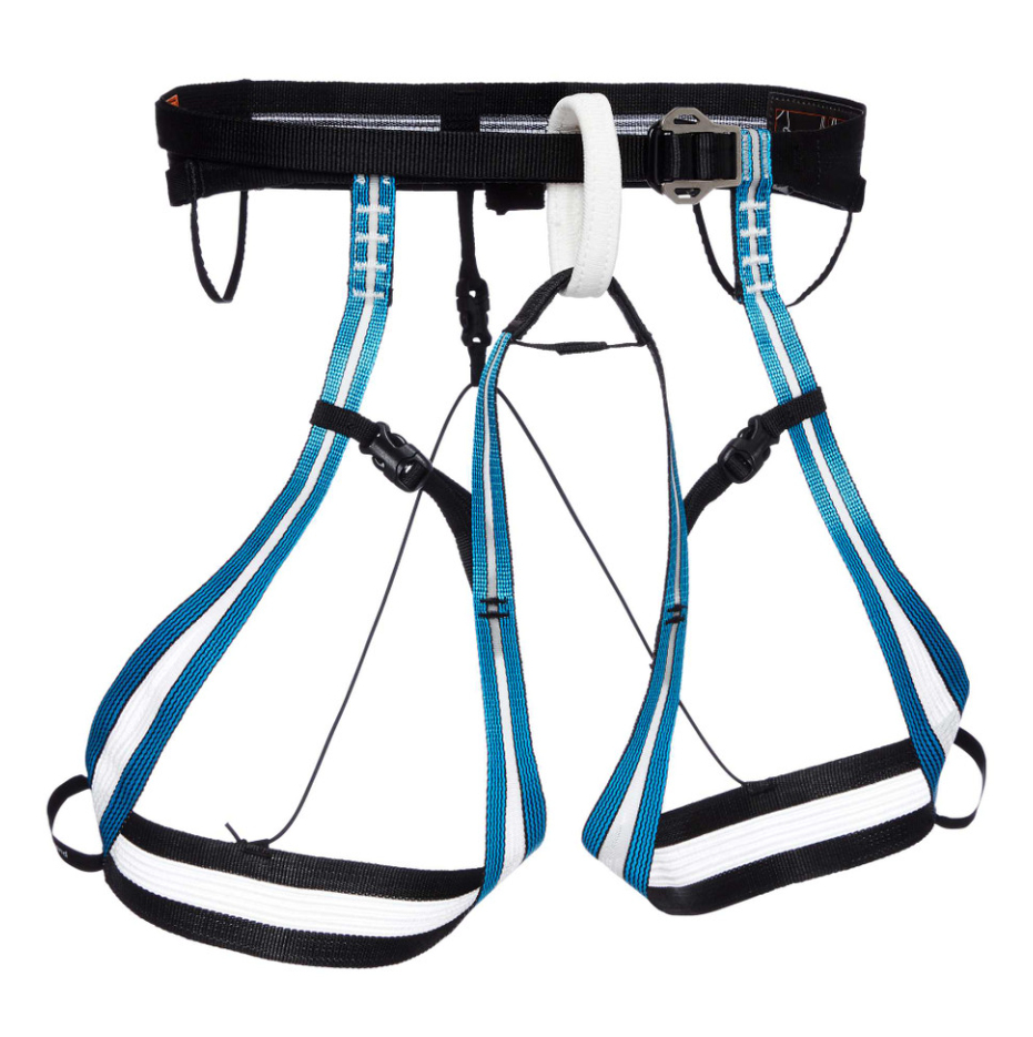 the black diamond coulior harness in the color ultra blue black front view