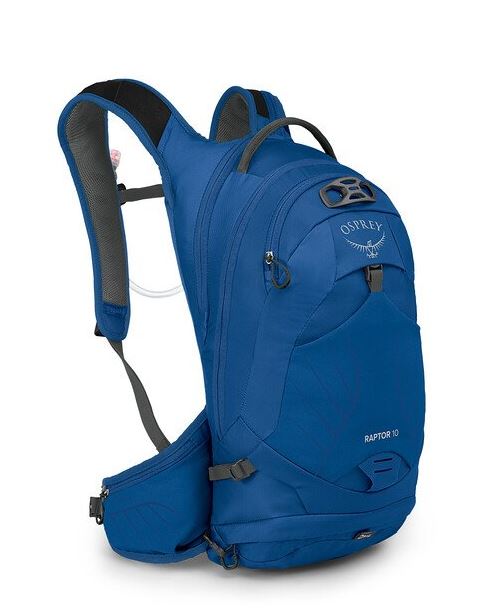a photo of the osprey raptor 10 in the color postal blue, front view