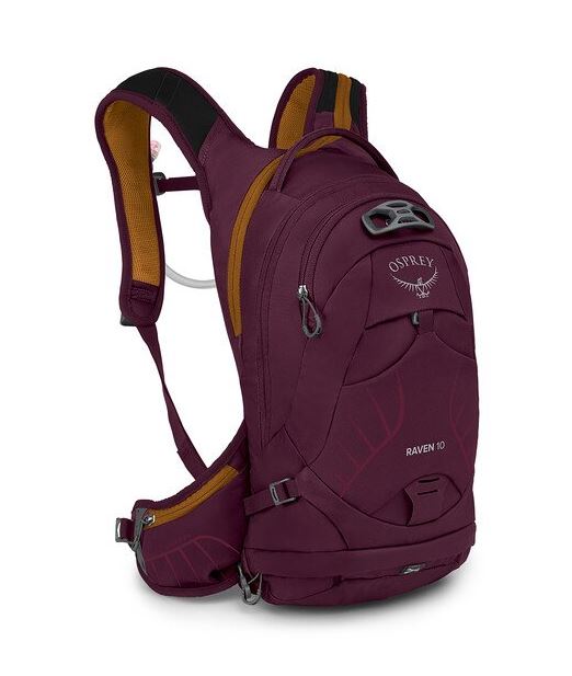 a photo of the osprey womens raven 10 backpack in the color aprium purple, front view
