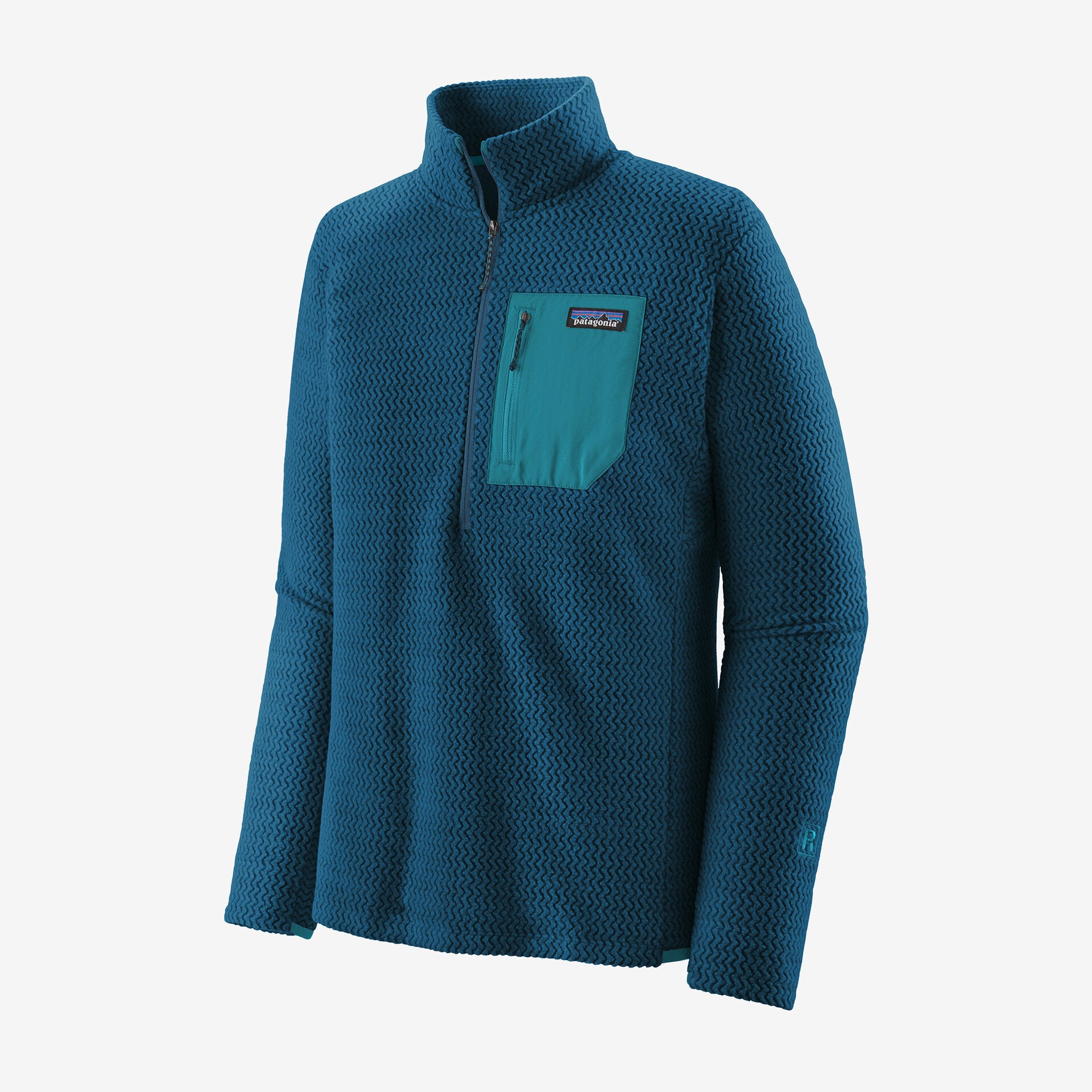 the patagonia r1 air zip neck mens jacket in the color lagom blue, front view