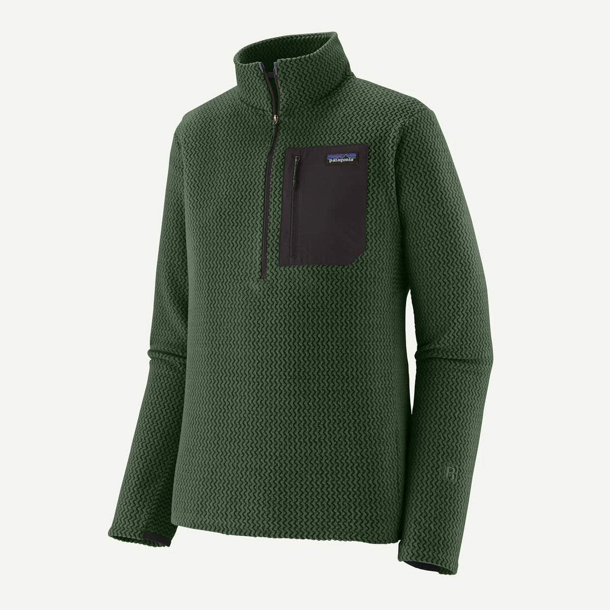 Green fleece pullover with a black chest pocket on a white background