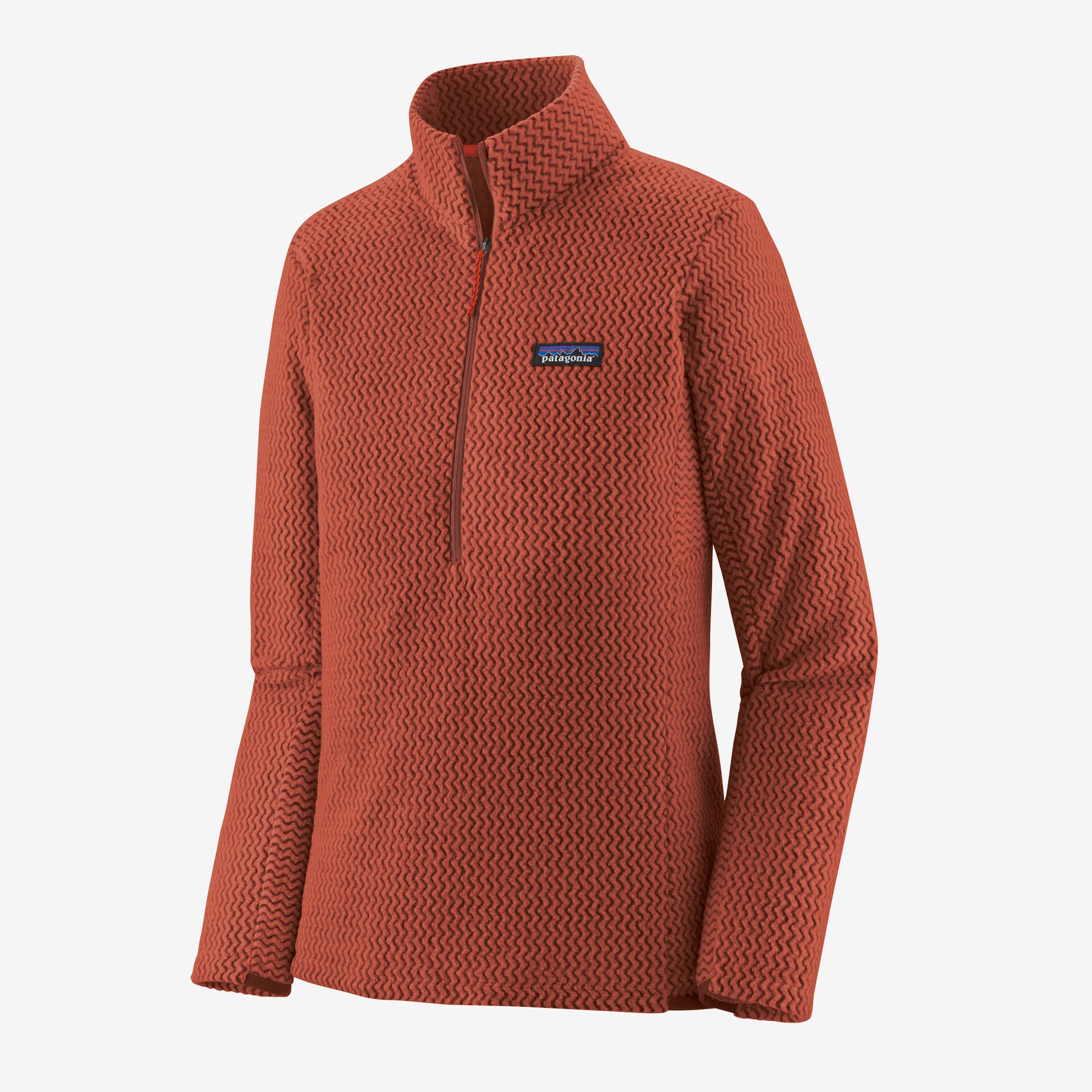 the patagonia r1 air zip neck in the color burnished red front view