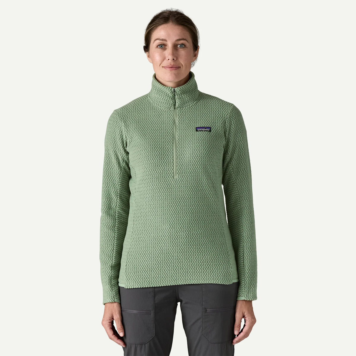 Patagonia R1® Air Fleece Zip-Neck Women's in ellwood green, on model, front